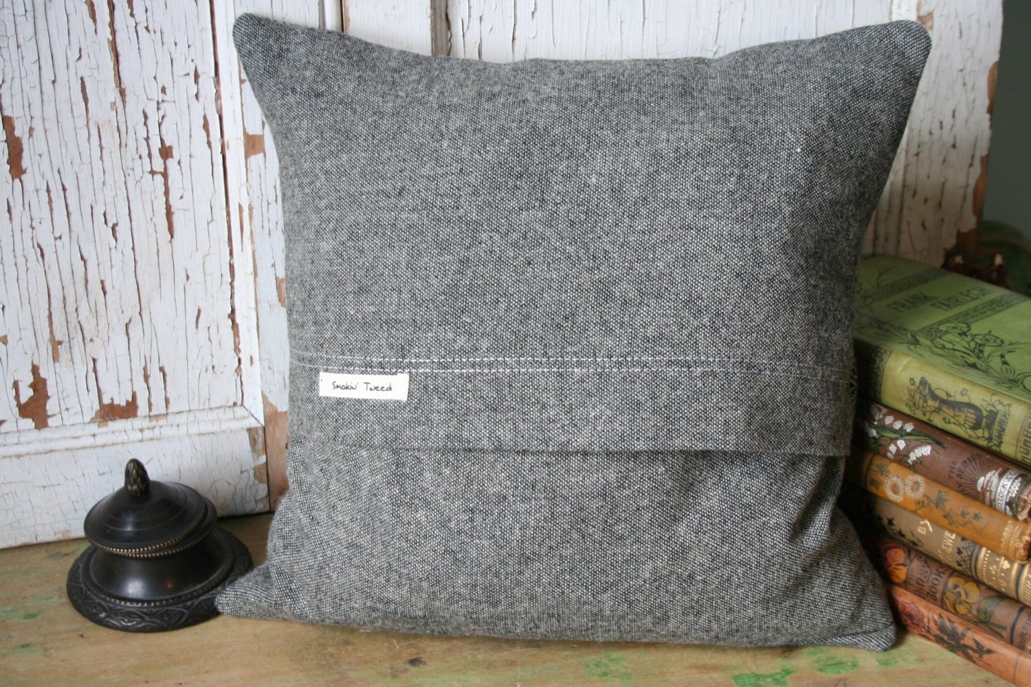 Equestrian Horse PILLOW COVER, Recycled Wool, Gray Tweed, Vintage Lace