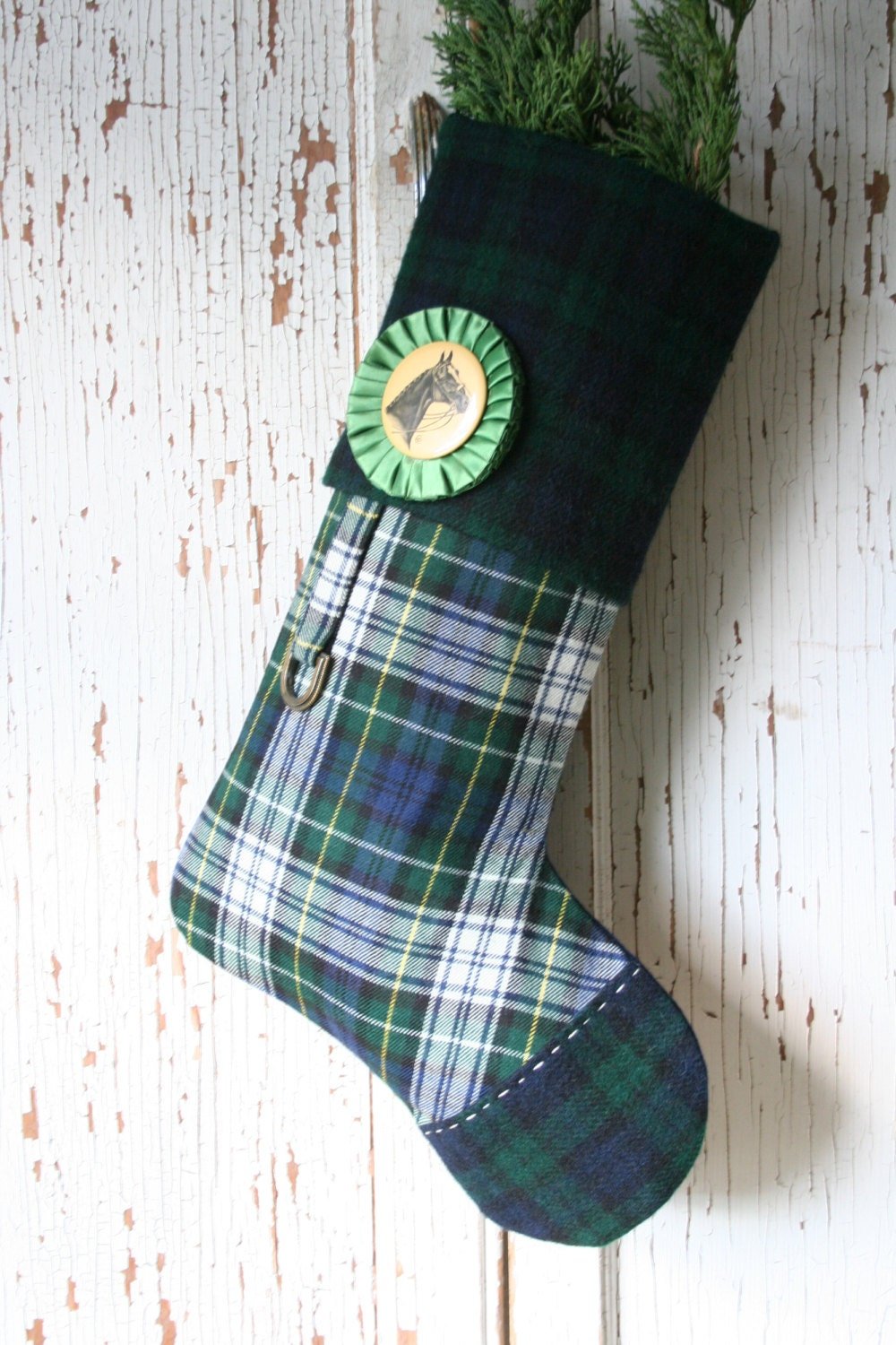 Tartan Plaid Equestrian CHRISTMAS STOCKING, with Prize Ribbon Rosette, Horse