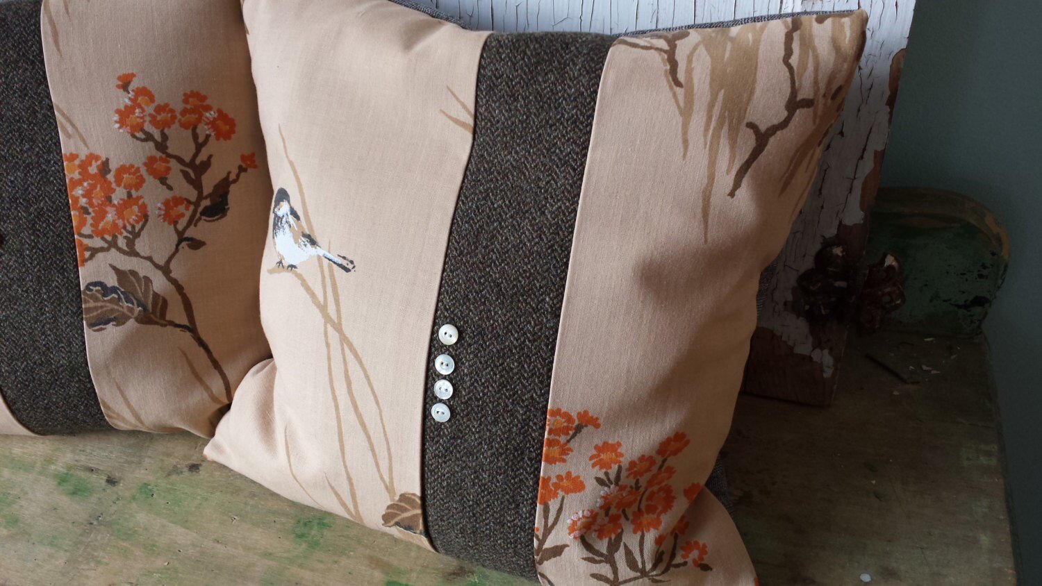 Vintage Chickadee BIRD Pillow Covers - Upcycled, Sustainable, Recycled