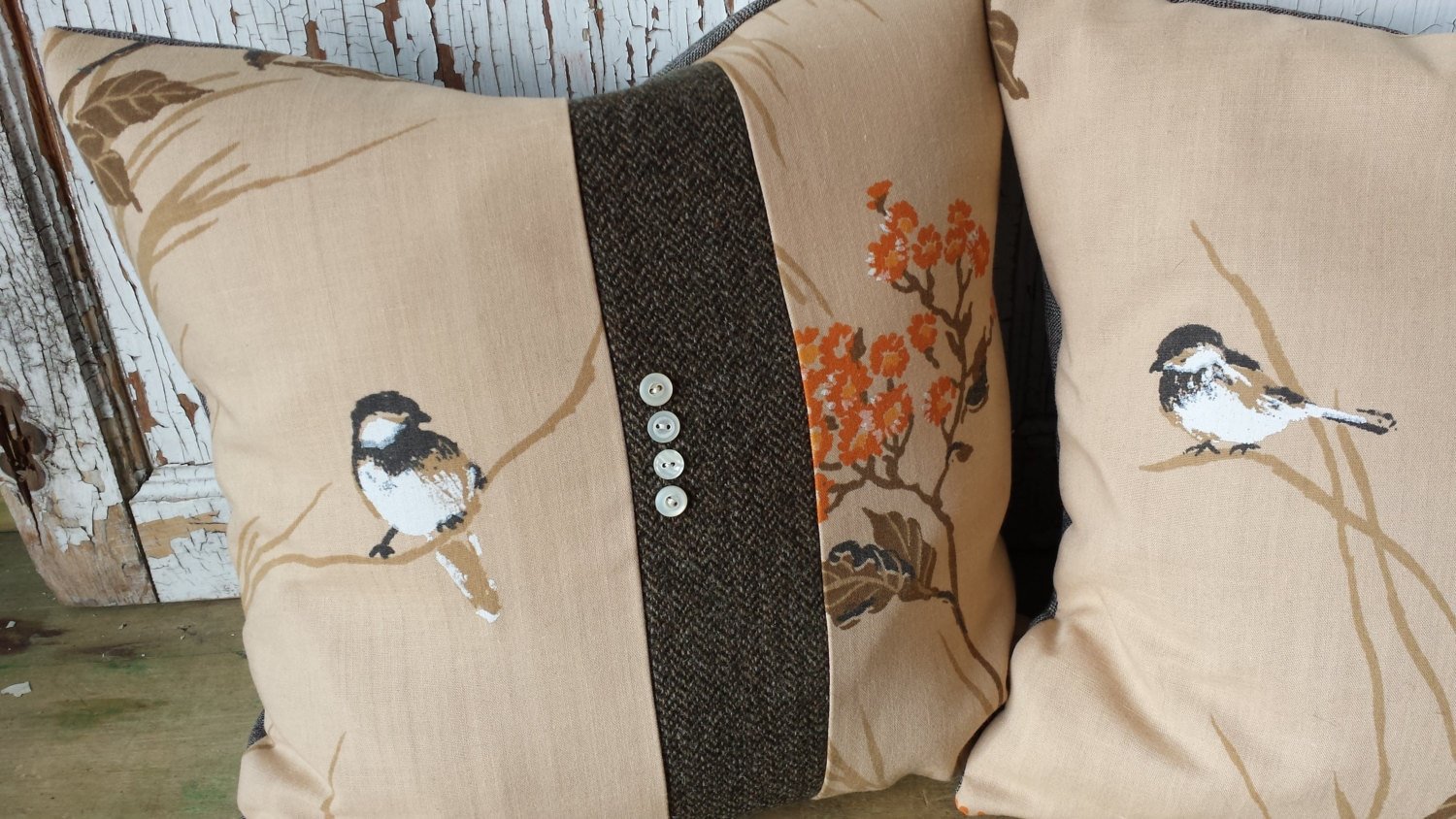 Vintage Chickadee BIRD Pillow Covers - Upcycled, Sustainable, Recycled