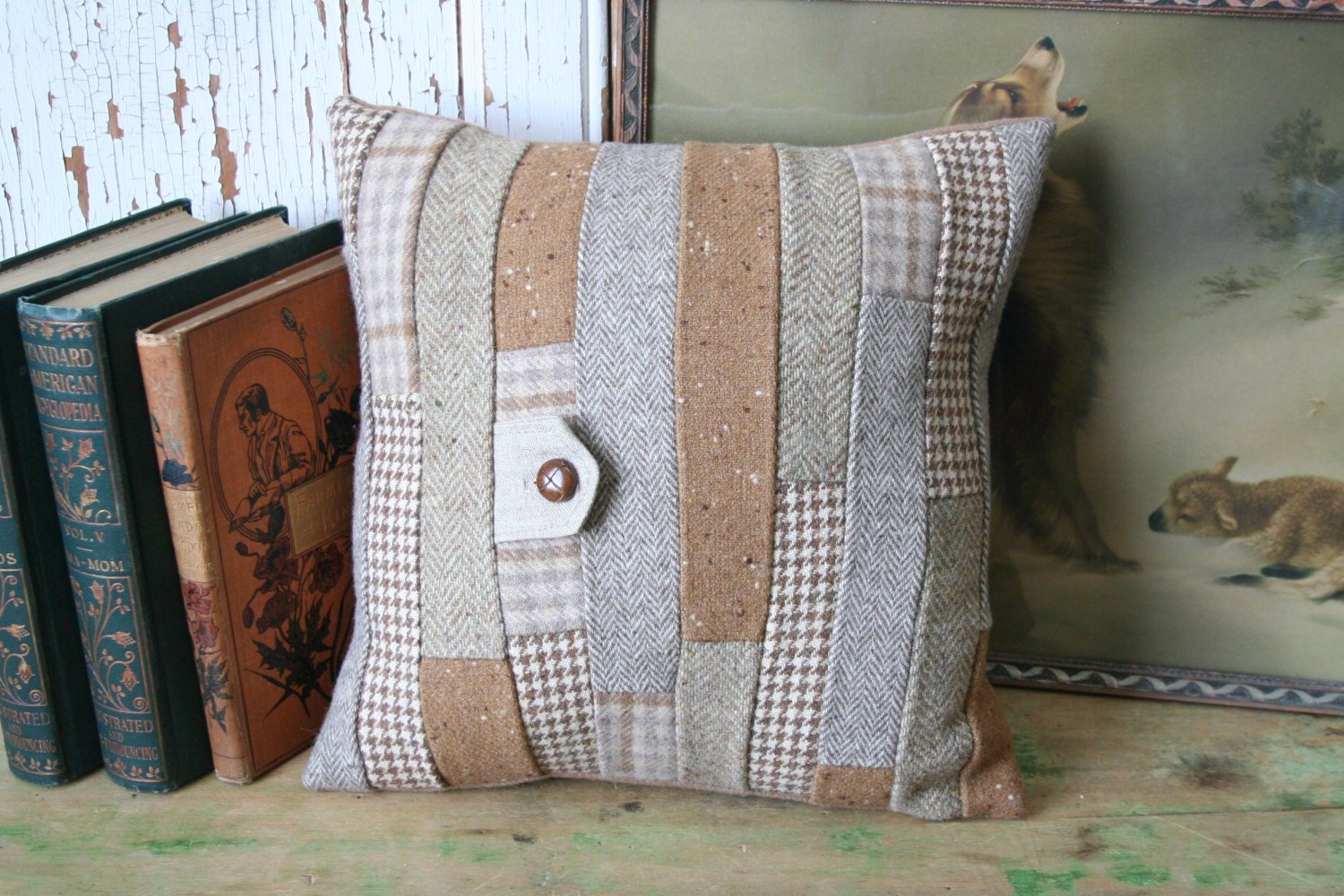 Camel Wool Tweed Patchwork PILLOW COVER, Recycled, Handmade, Eco-Friendly