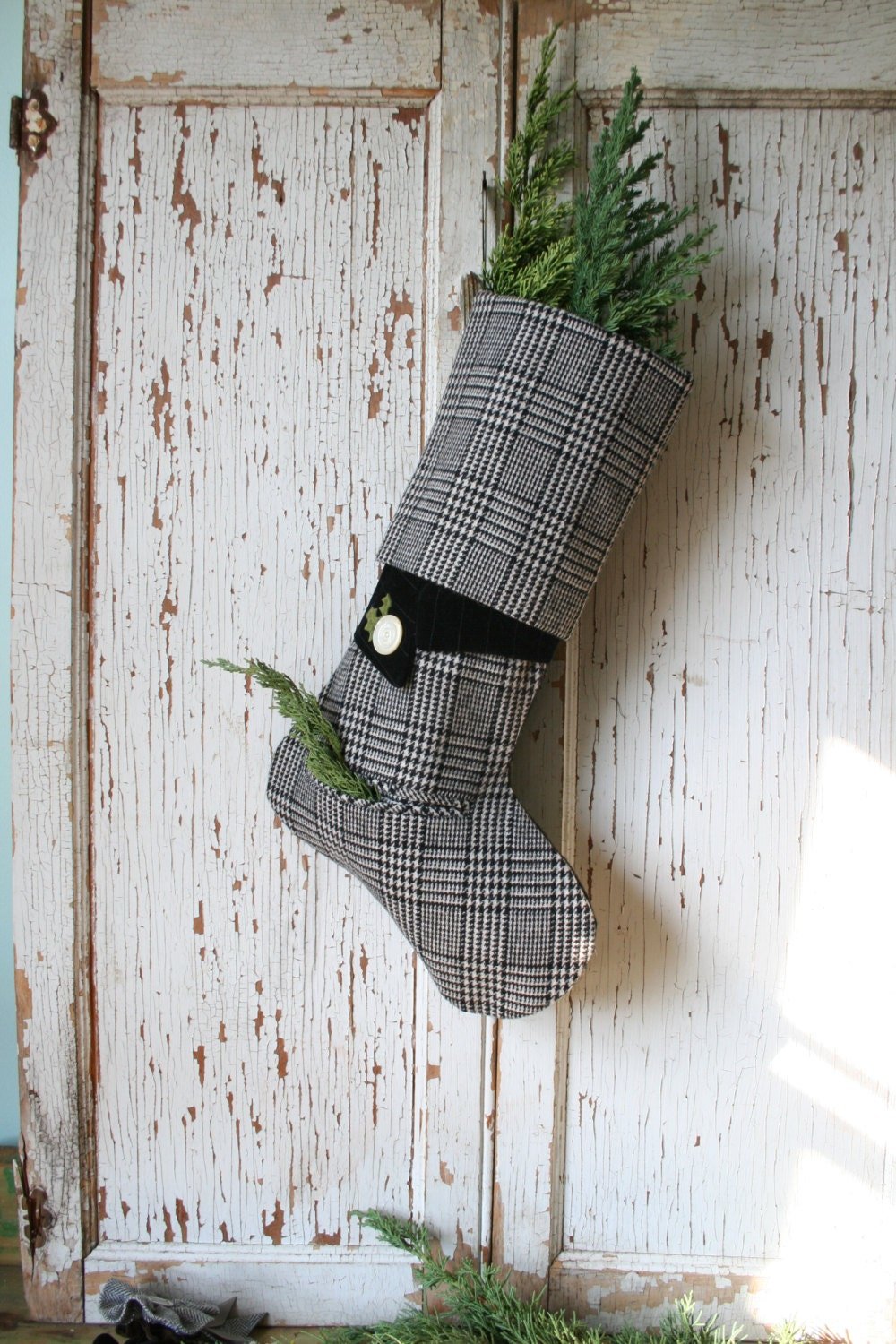 Wool Houndstooth CHRISTMAS STOCKING, Velvet, Handmade