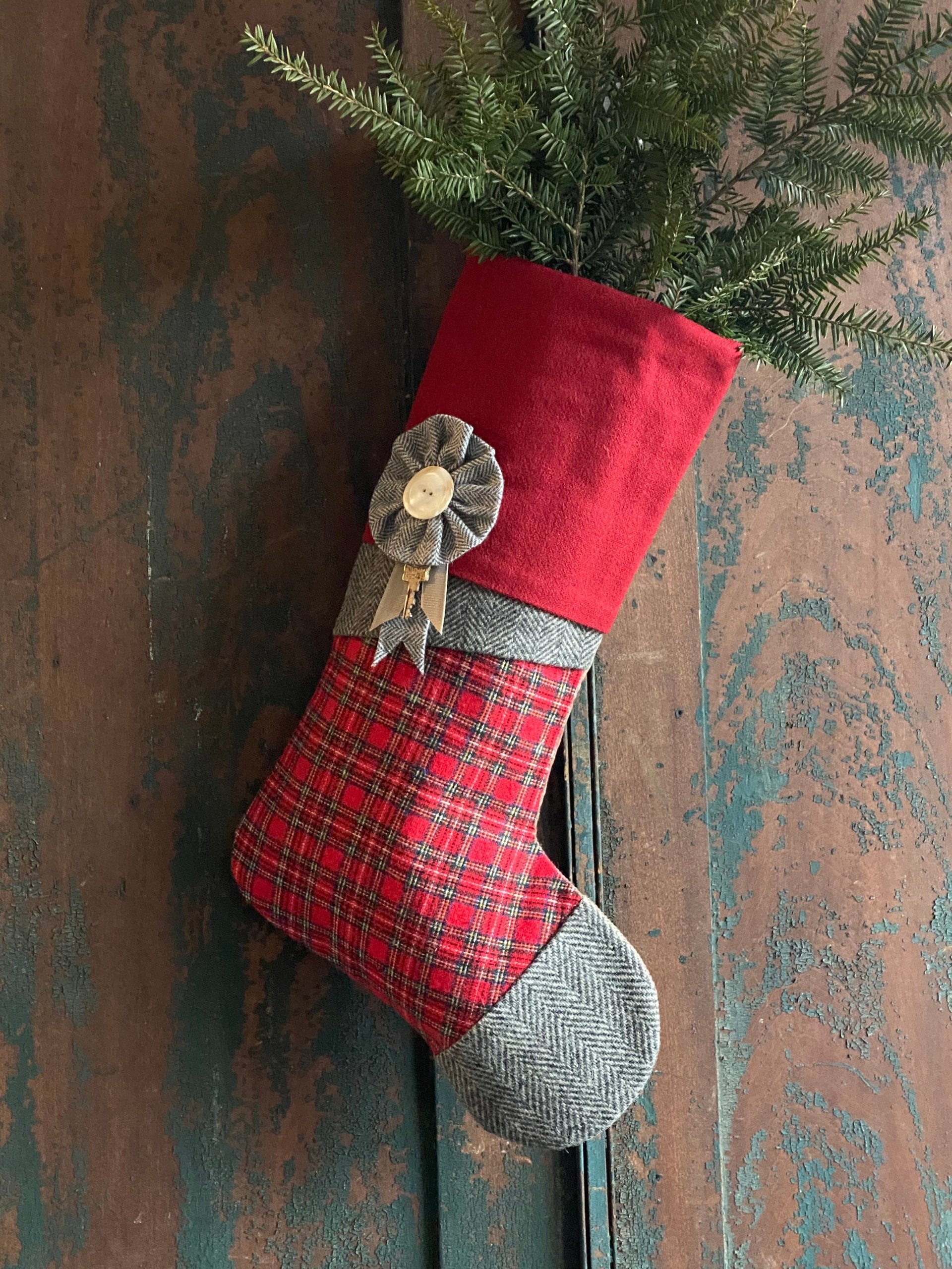 Tartan Plaid CHRISTMAS STOCKING, with Herringbone, Vintage Key, Handmade, Recycled