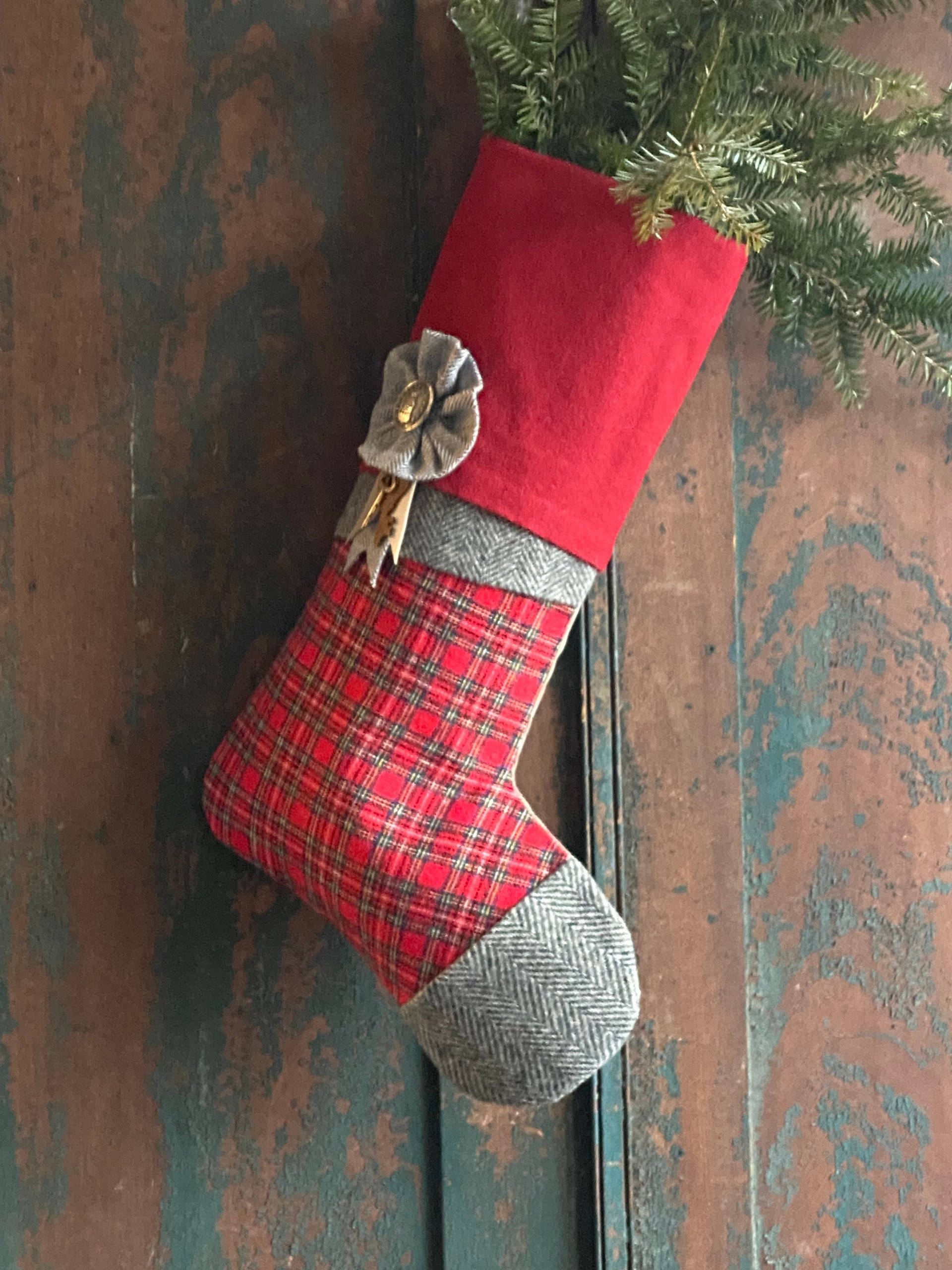 Tartan Plaid CHRISTMAS STOCKING, with Herringbone, Vintage Key, Handmade, Recycled