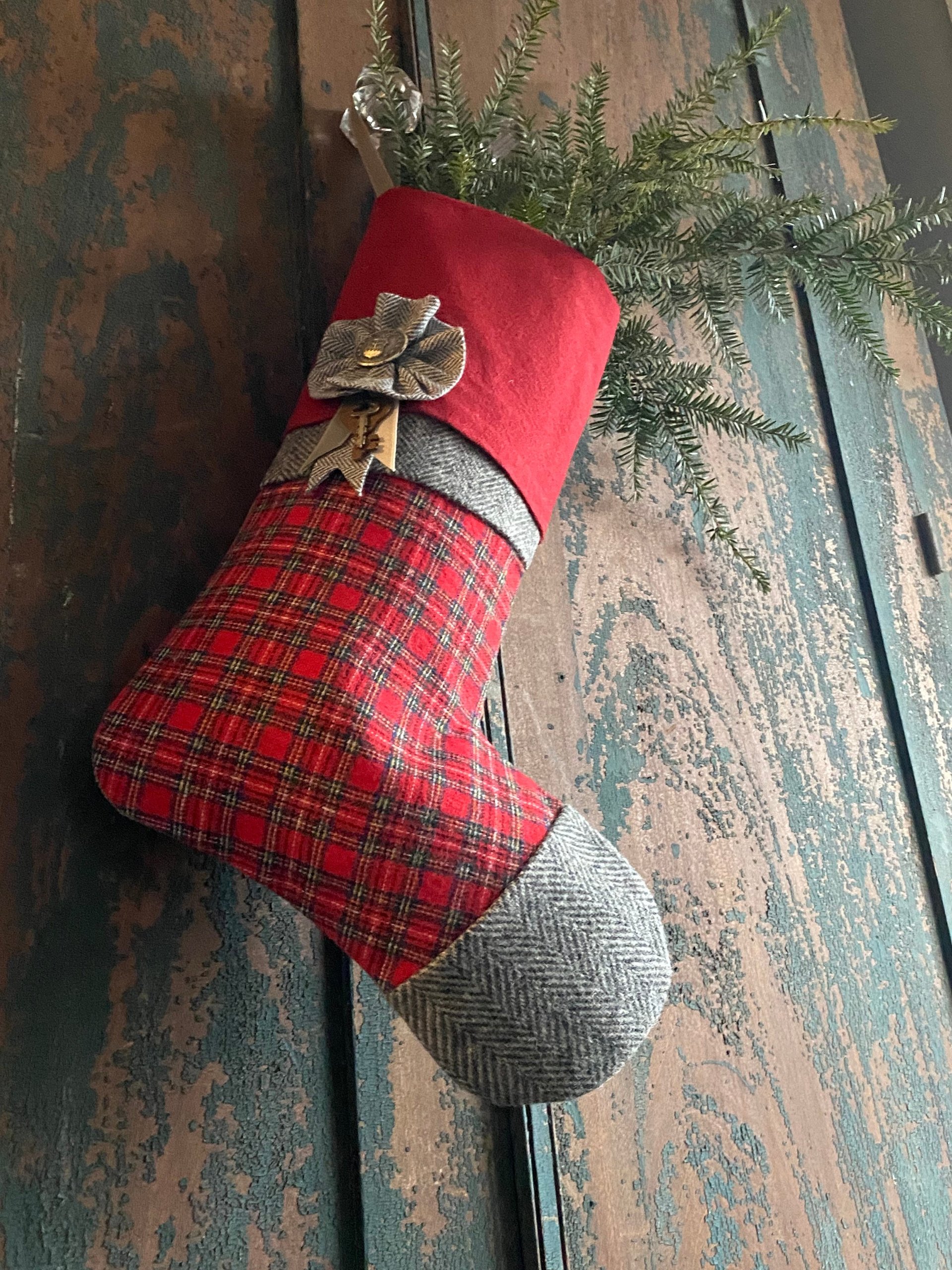 Tartan Plaid CHRISTMAS STOCKING, with Herringbone, Vintage Key, Handmade, Recycled