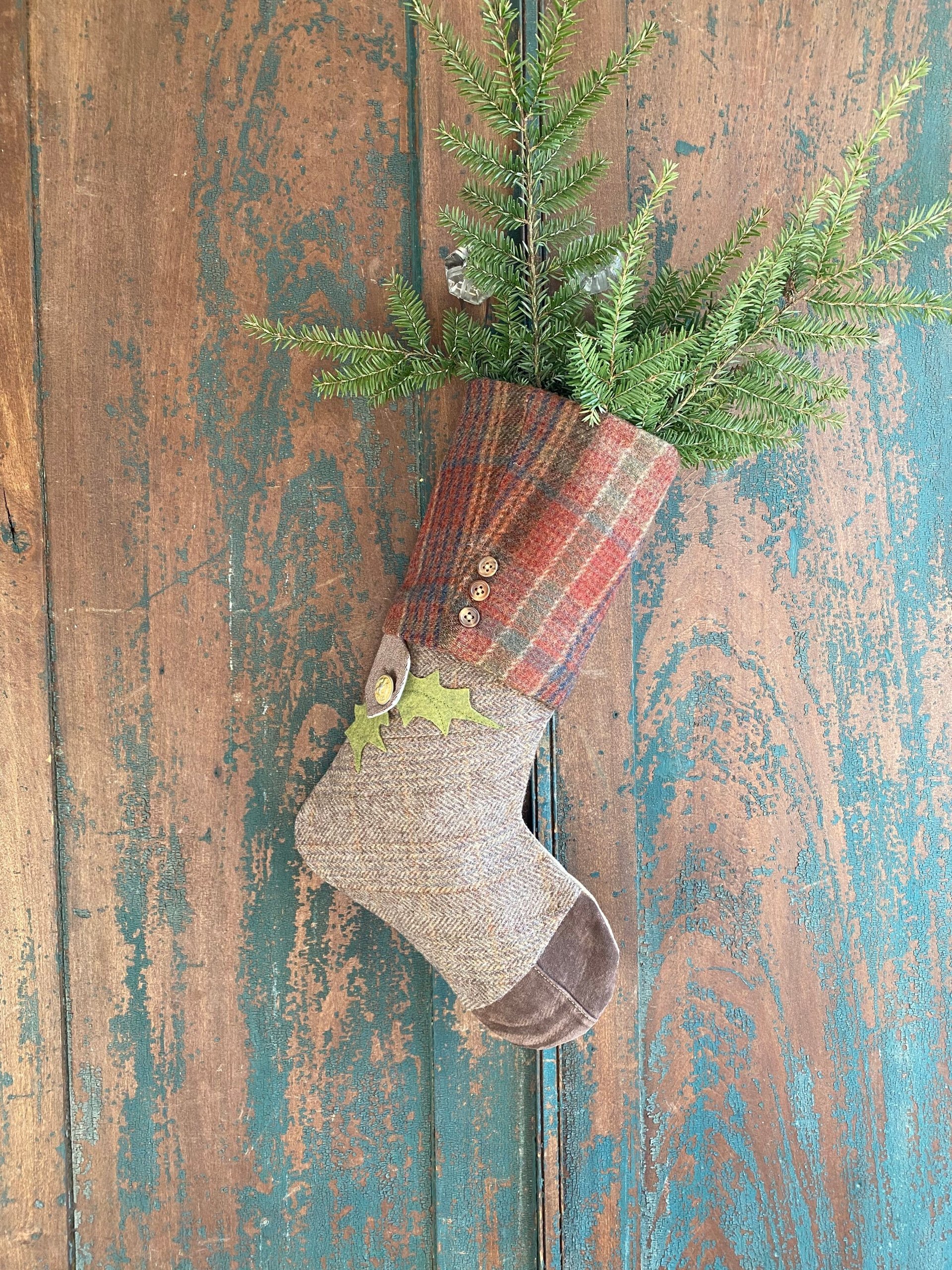 Wool Tweed CHRISTMAS STOCKING, Suede Toe, Handmade, Recycled