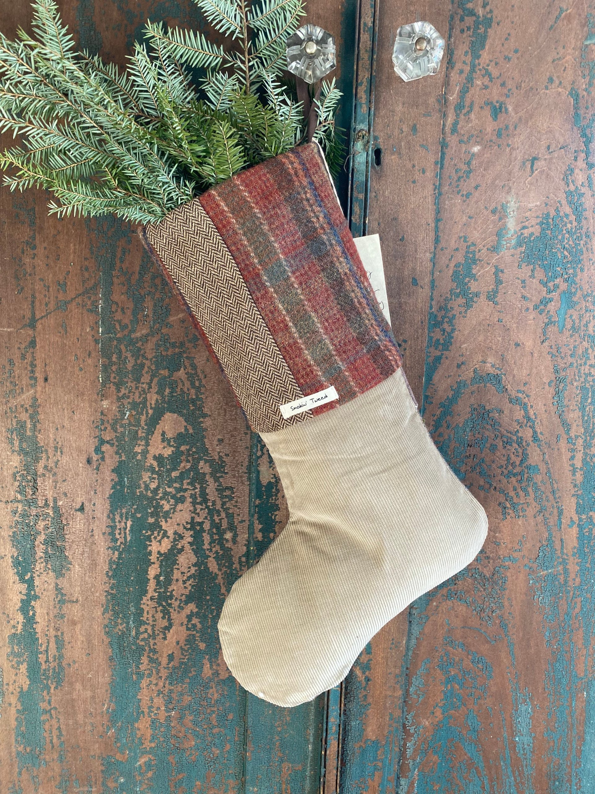 Wool Tweed CHRISTMAS STOCKING, Suede Toe, Handmade, Recycled