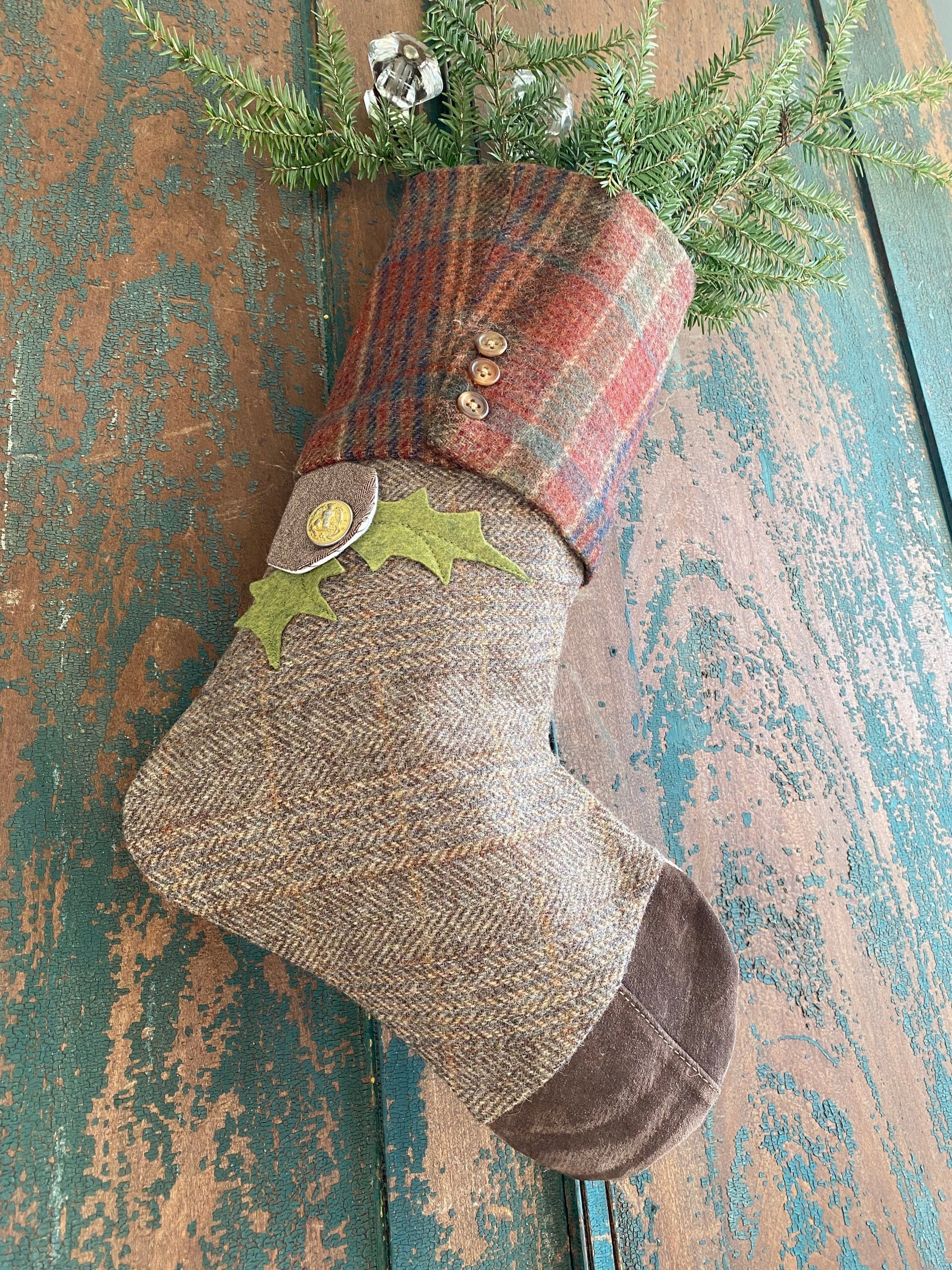 Wool Tweed CHRISTMAS STOCKING, Suede Toe, Handmade, Recycled