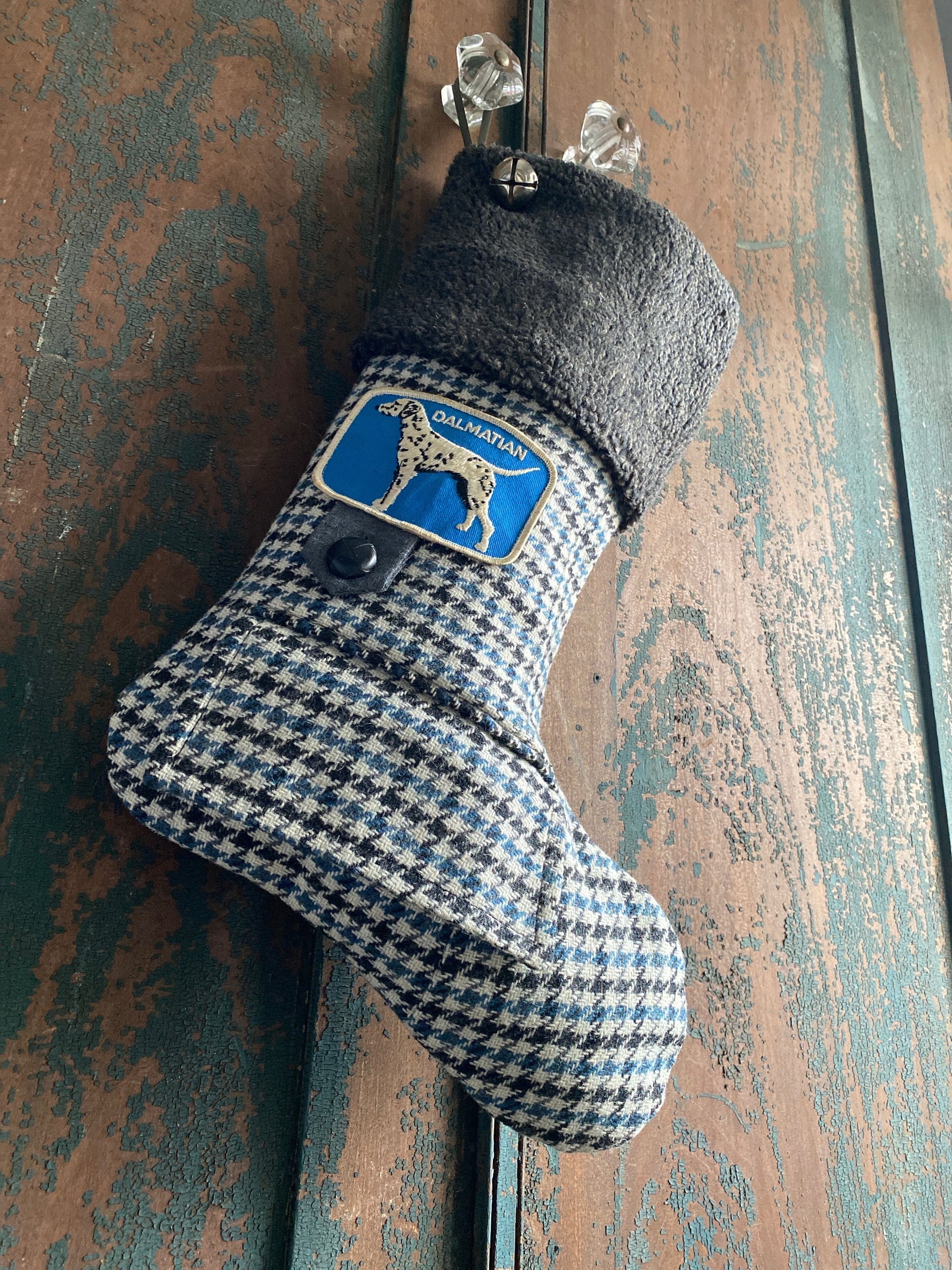 Dalmatian Dog Christmas STOCKING, Hounds Tooth Wool, Jingle Bell, Handmade, Dog Lover, Sustainable, Recycled