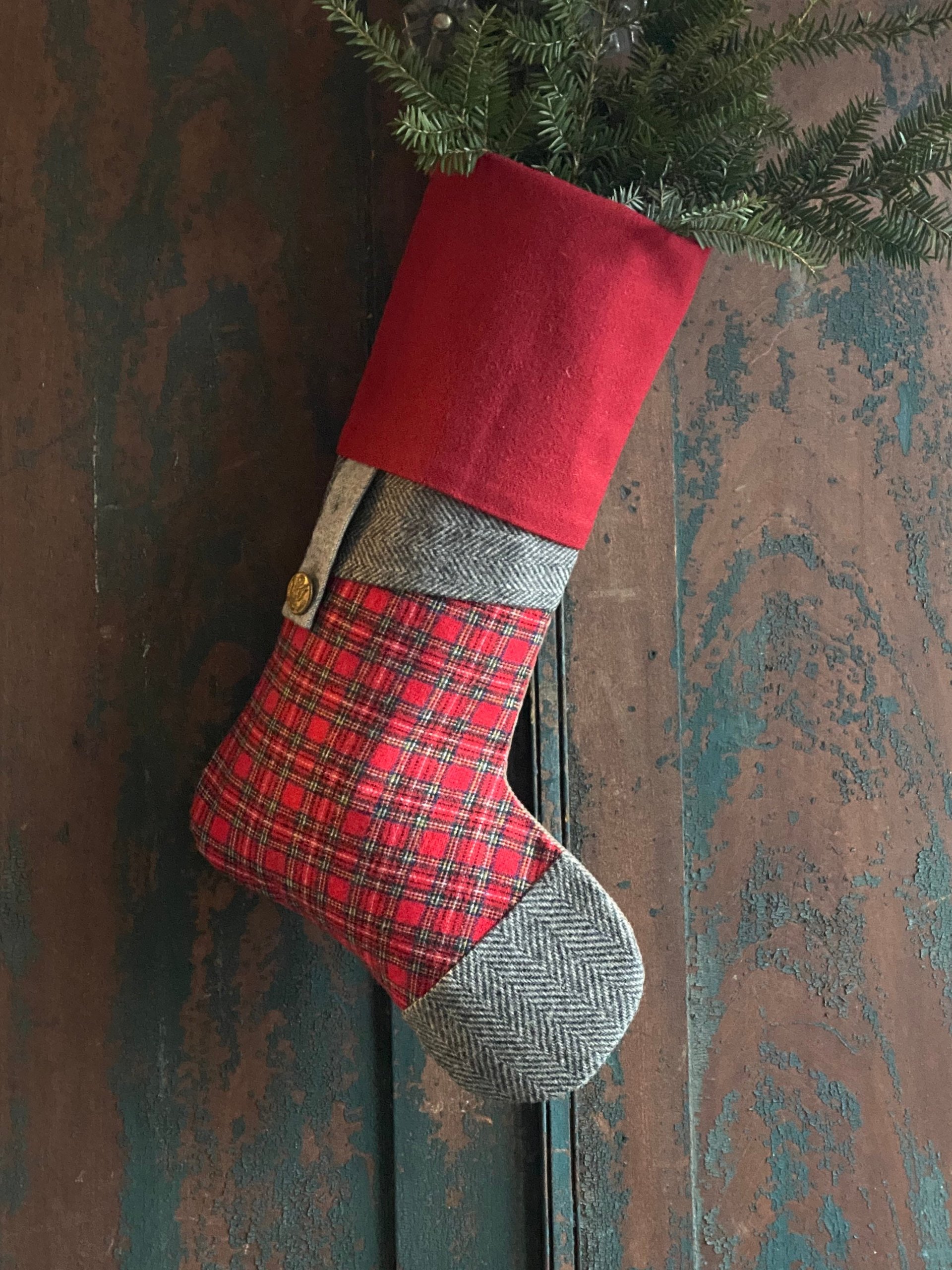 Tartan Plaid CHRISTMAS STOCKING, with Herringbone, Military Button, Handmade, Recycled