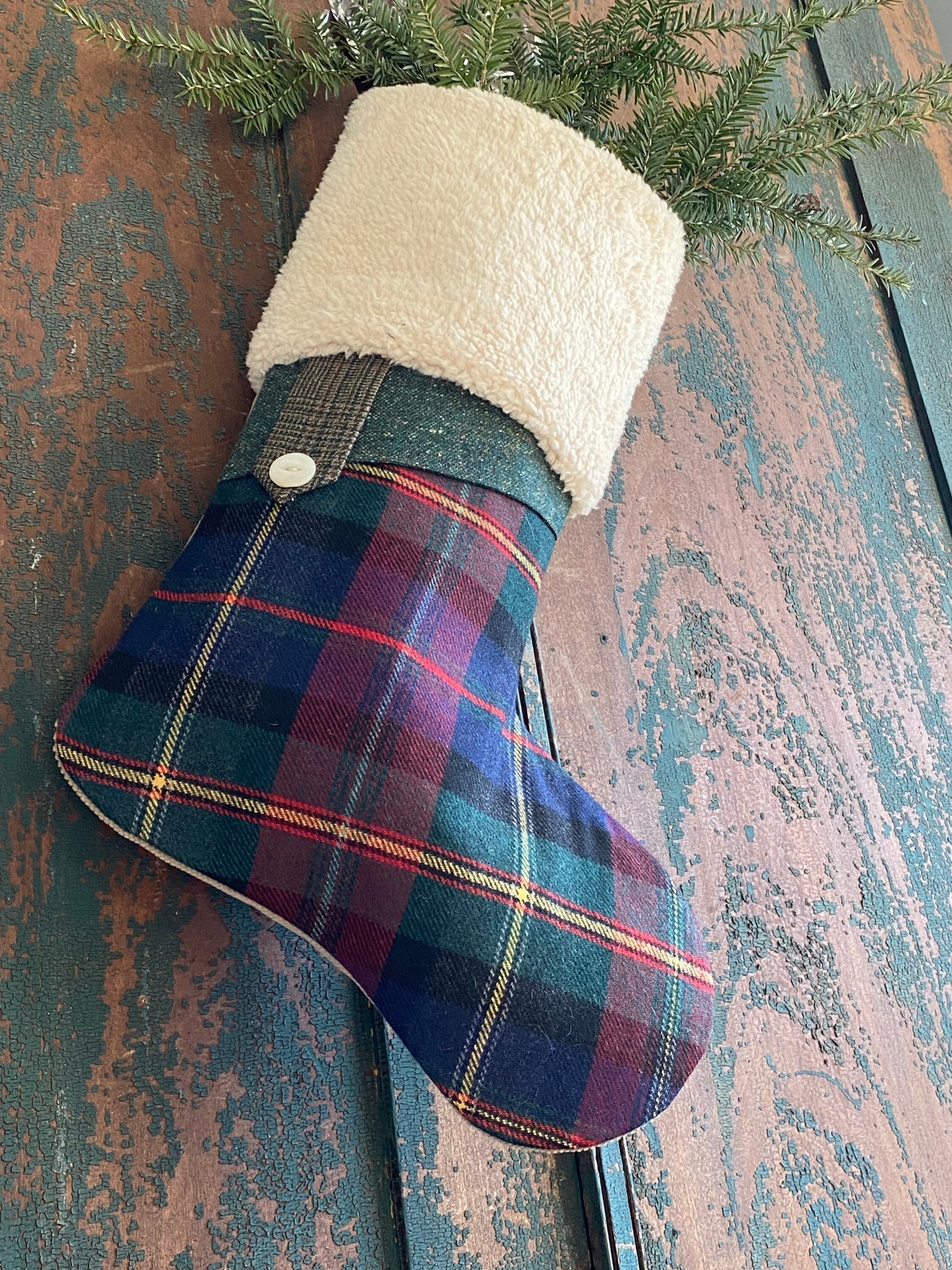 Tartan, Tweed CHRISTMAS STOCKING, Fluffy Cuff, Handmade, Recycled