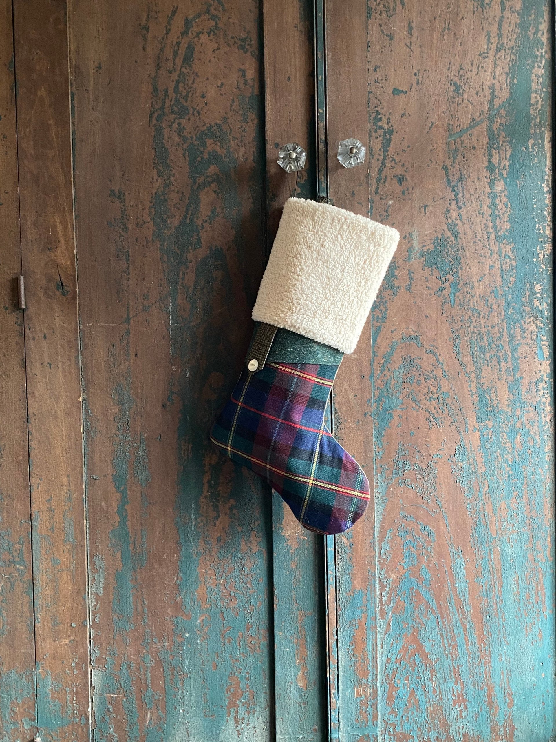 Tartan, Tweed CHRISTMAS STOCKING, Fluffy Cuff, Handmade, Recycled