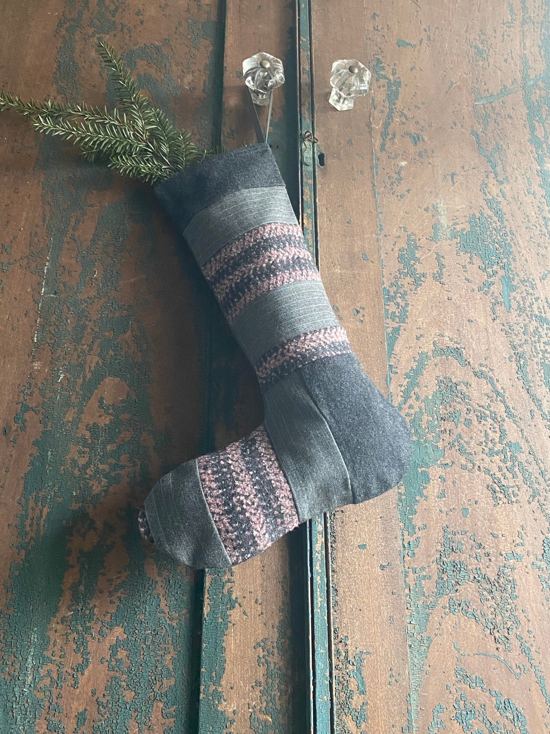 MINI CHRISTMAS Stocking, Wool Tweed Patchwork, Handmade, Recycled