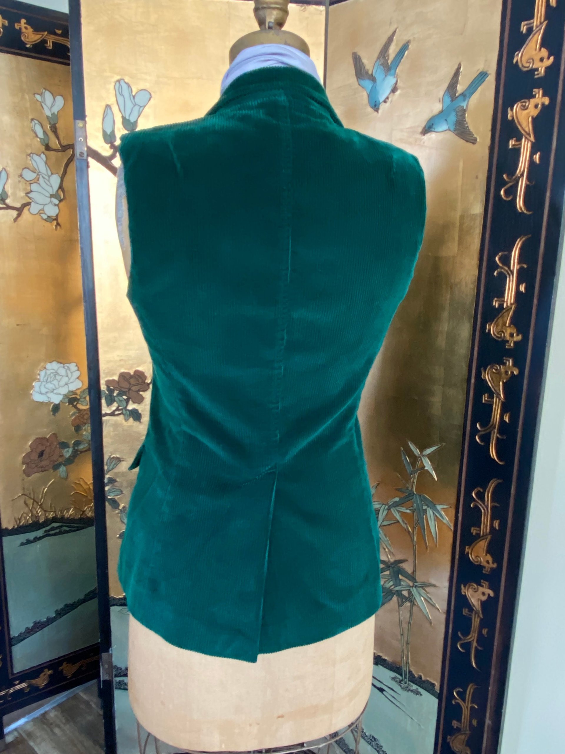 Emerald Green Corduroy Fitted VEST, Waistcoat, Guillet, Sz S/M Recycled, Eco-Friendly Fashion