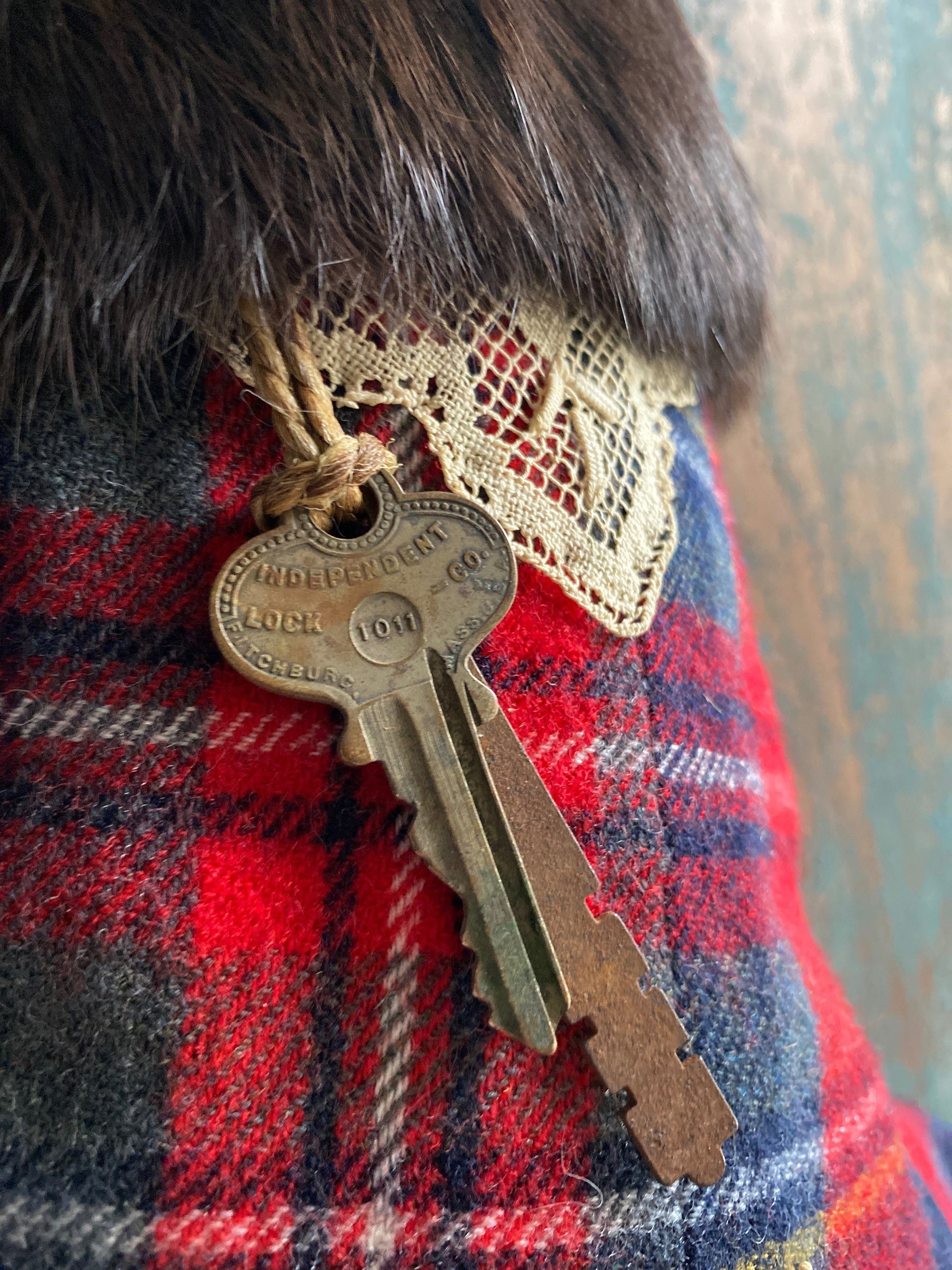 Red Plaid CHRISTMAS STOCKING, Fur Cuff, Vintage Keys, Tartan, British Style