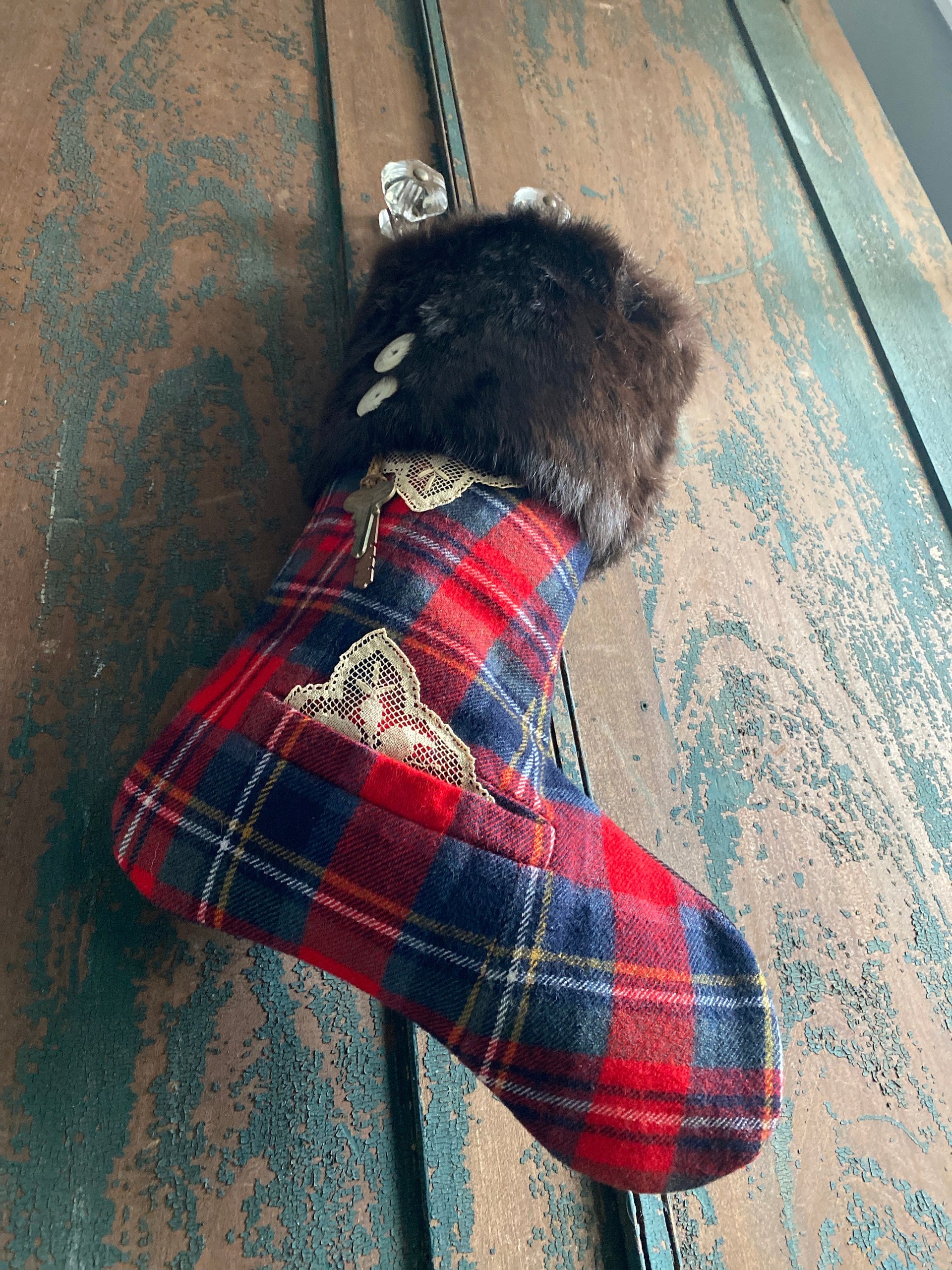 Red Plaid CHRISTMAS STOCKING, Fur Cuff, Vintage Keys, Tartan, British Style