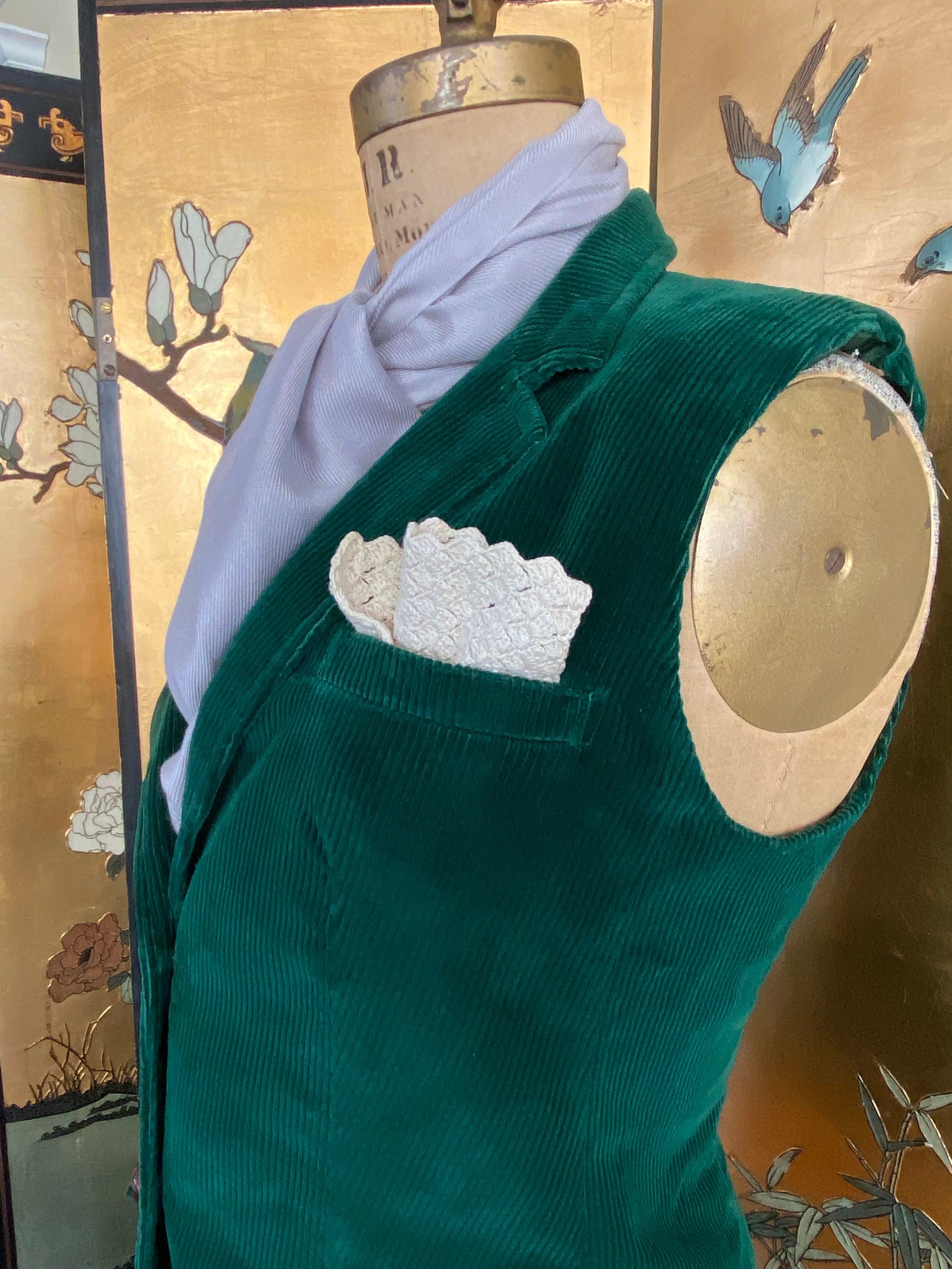 Emerald Green Corduroy Fitted VEST, Waistcoat, Guillet, Sz S/M Recycled, Eco-Friendly Fashion