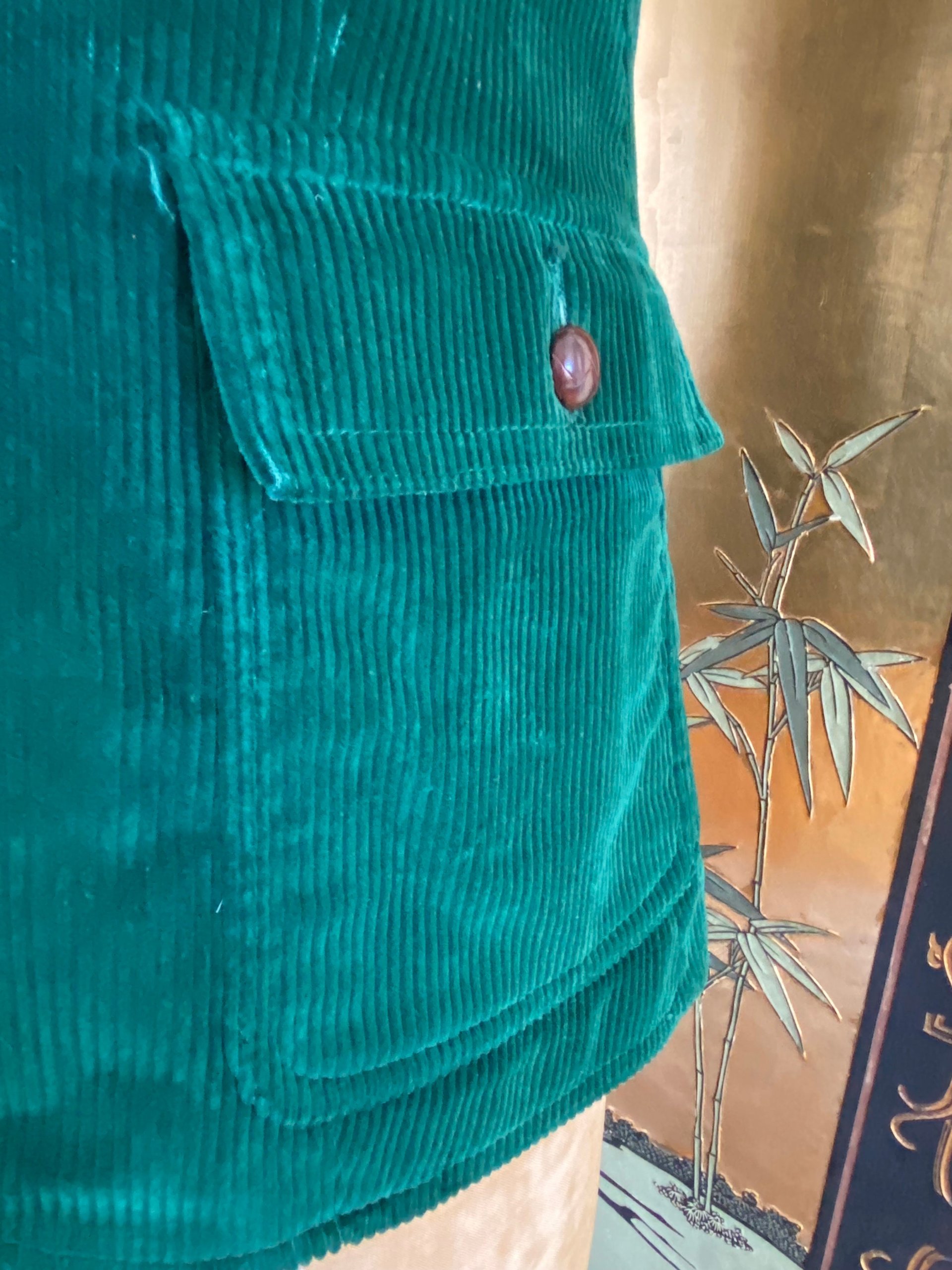 Emerald Green Corduroy Fitted VEST, Waistcoat, Guillet, Sz S/M Recycled, Eco-Friendly Fashion