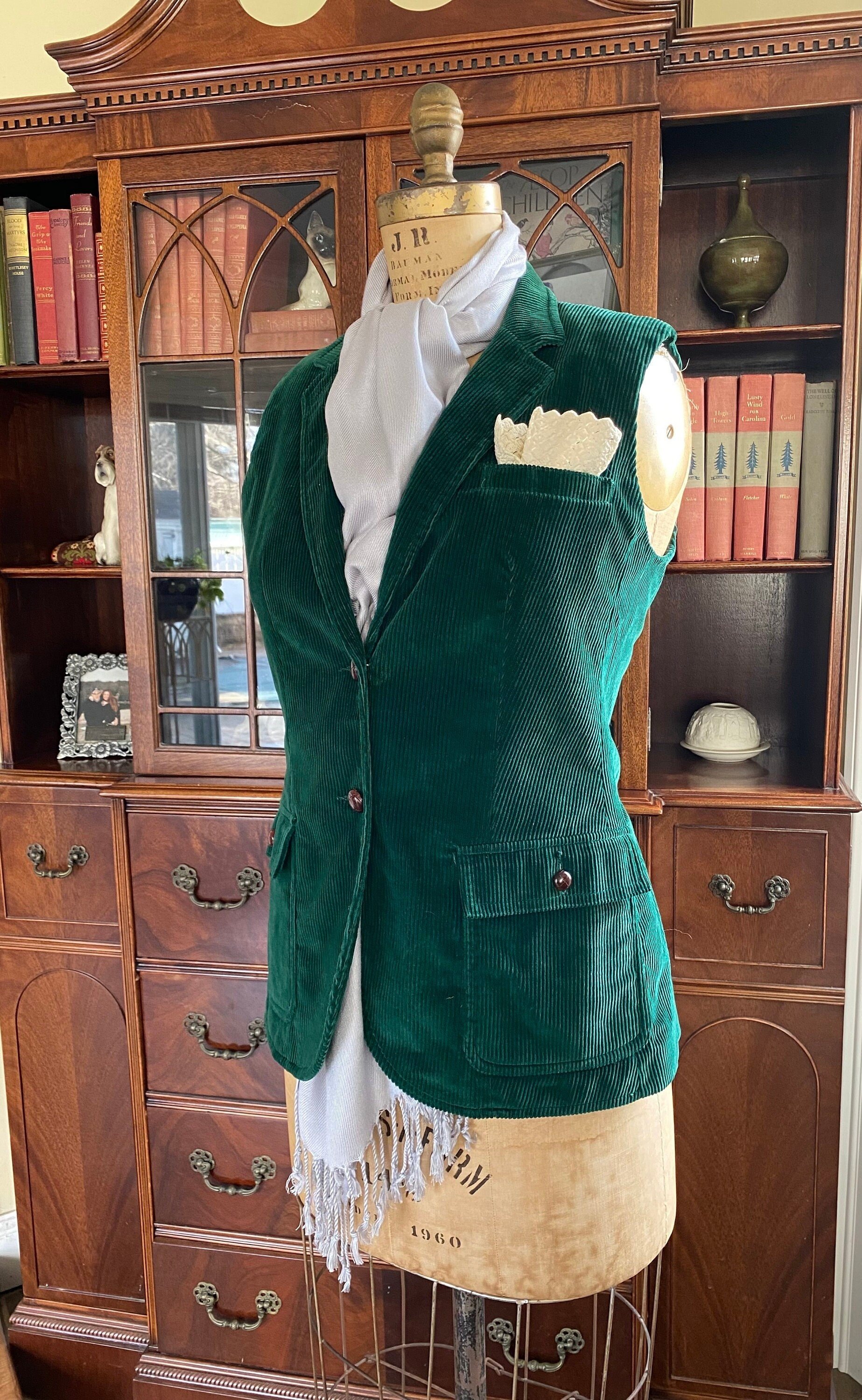 Emerald Green Corduroy Fitted VEST, Waistcoat, Guillet, Sz S/M Recycled, Eco-Friendly Fashion