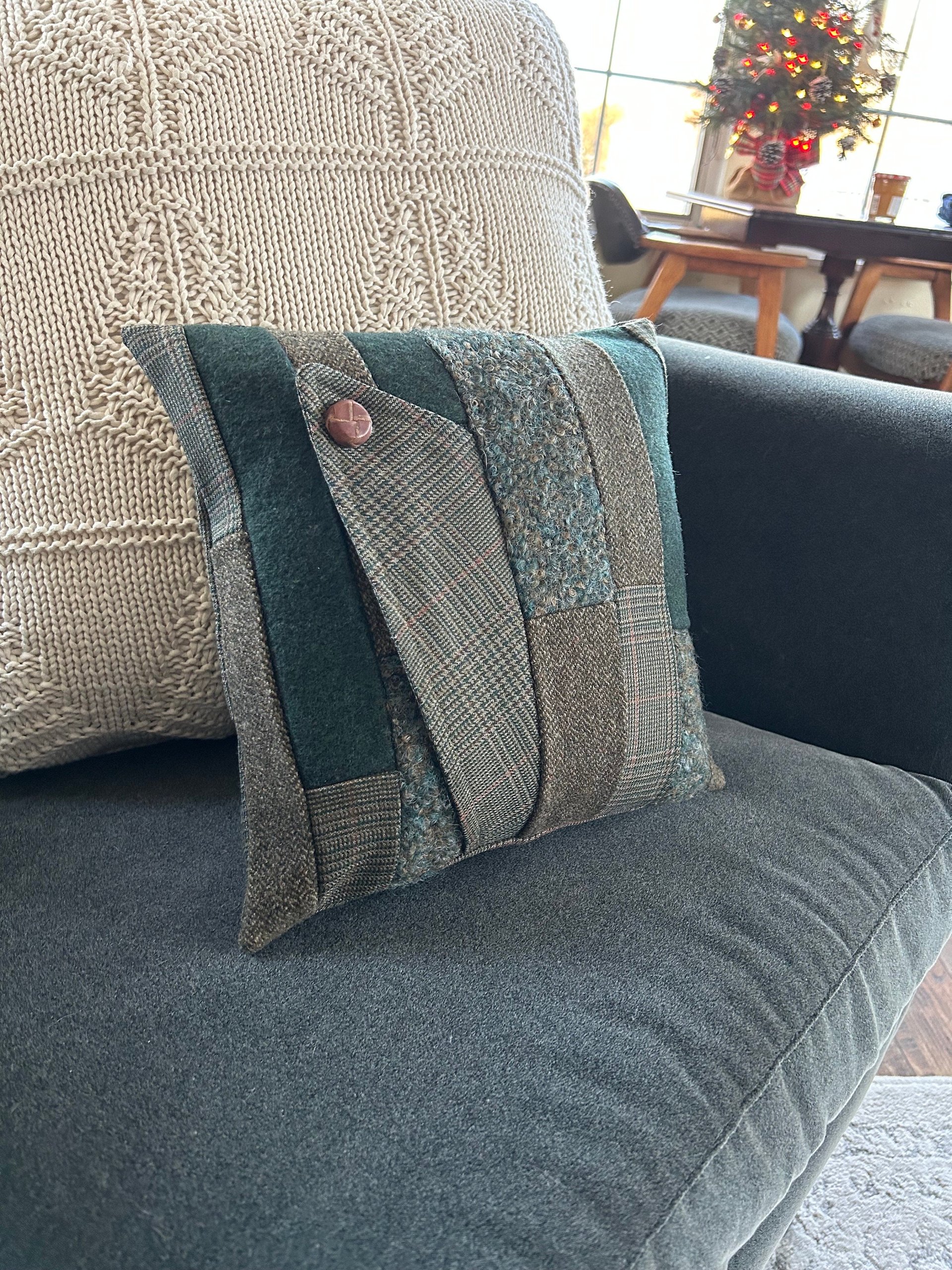 Green Wool Tweed Patchwork PILLOW COVER, Handemade, Recycled, Eco-Friendly Decor