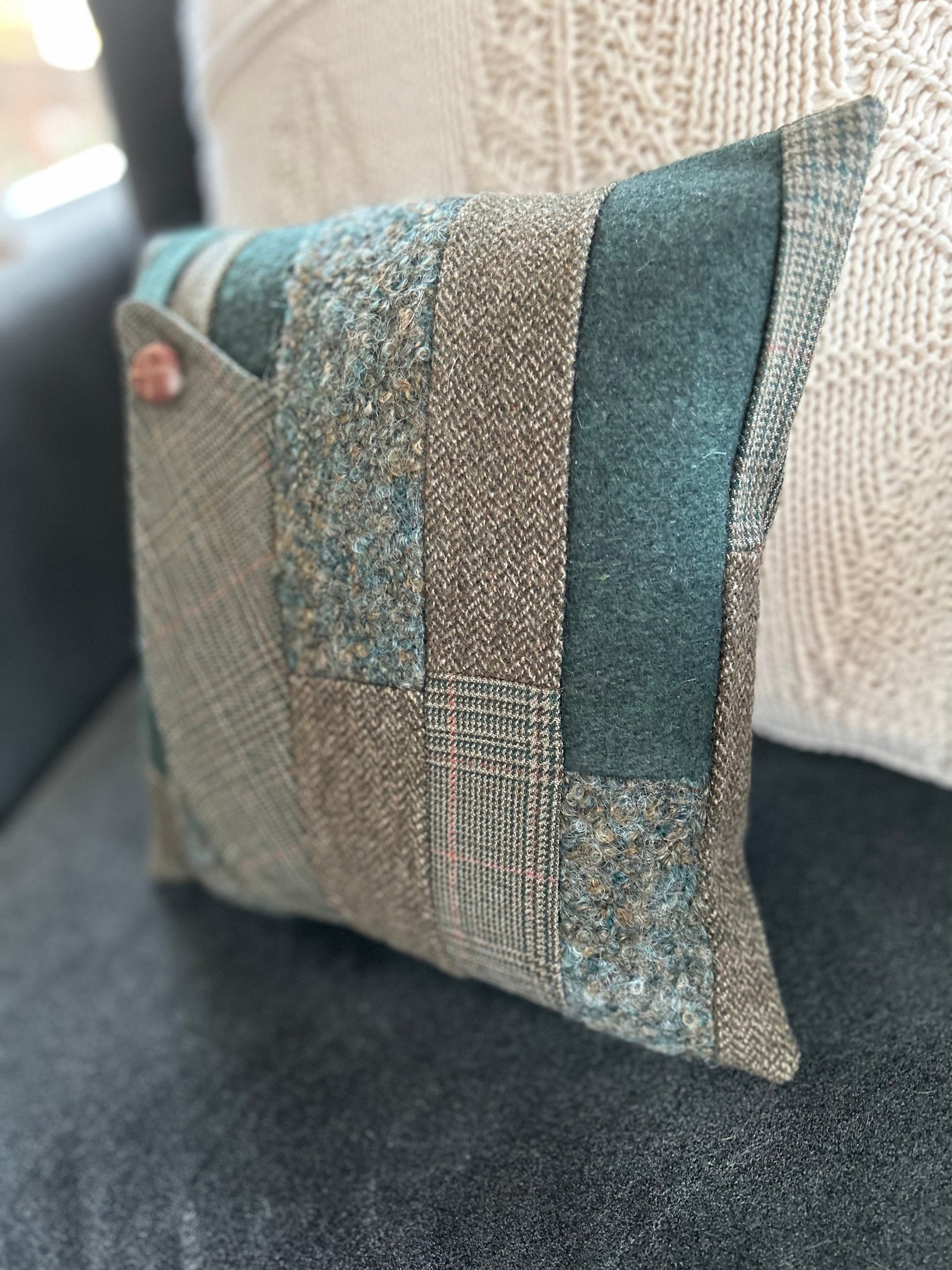 Green Wool Tweed Patchwork PILLOW COVER, Handemade, Recycled, Eco-Friendly Decor