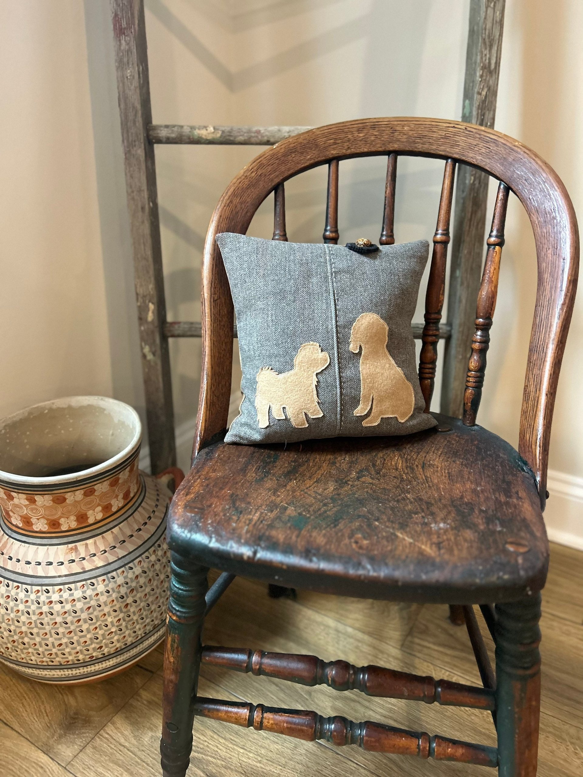 Gray, Tan Wool Tweed Pillow, dog silhouette, cockapoo, poodle, bichon, maltese, small breed, doodle