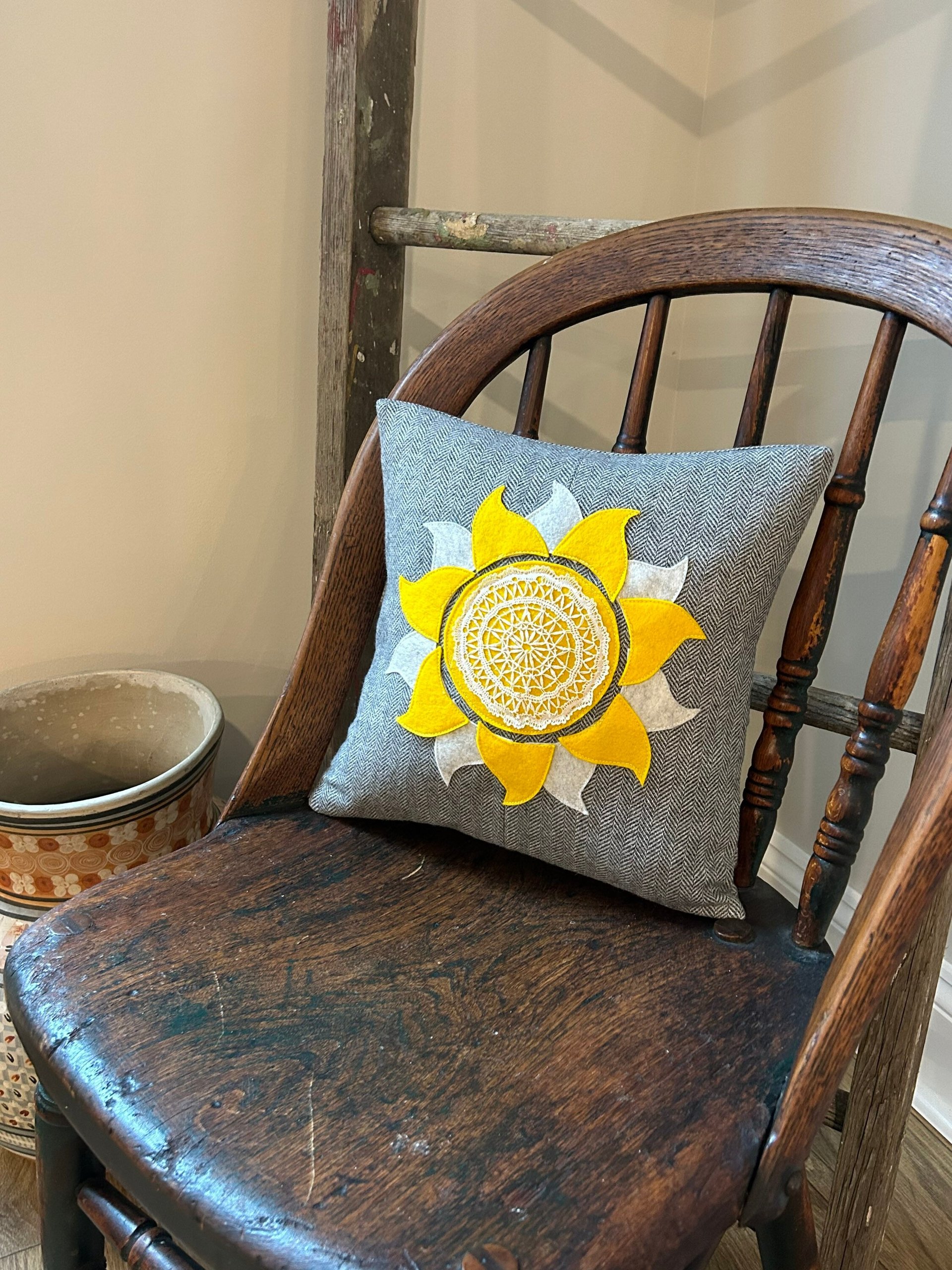 Sunshine Medallion Boho Wool Tweed PILLOW, Recycled, Vintage Lace Eco-Friendly Décor