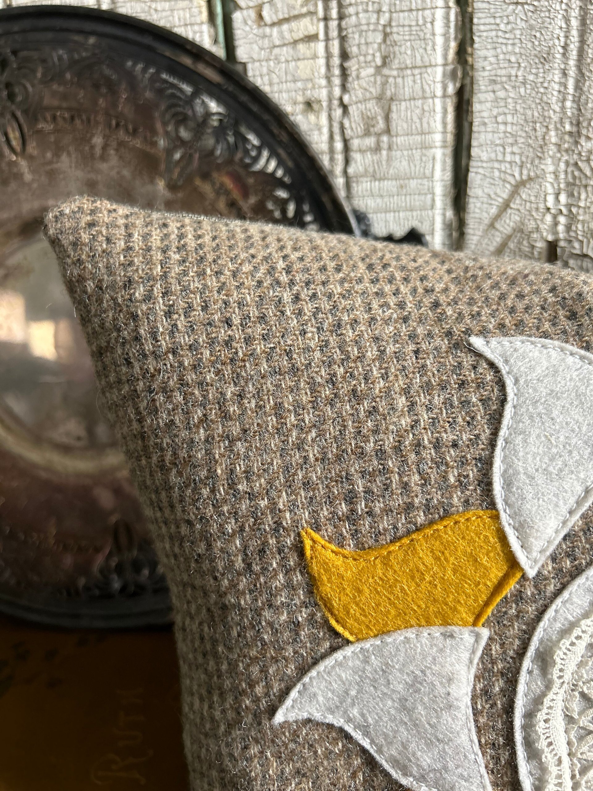 Sunshine Medallion Boho Wool Tweed PILLOW, Recycled, Vintage Lace Eco-Friendly Décor