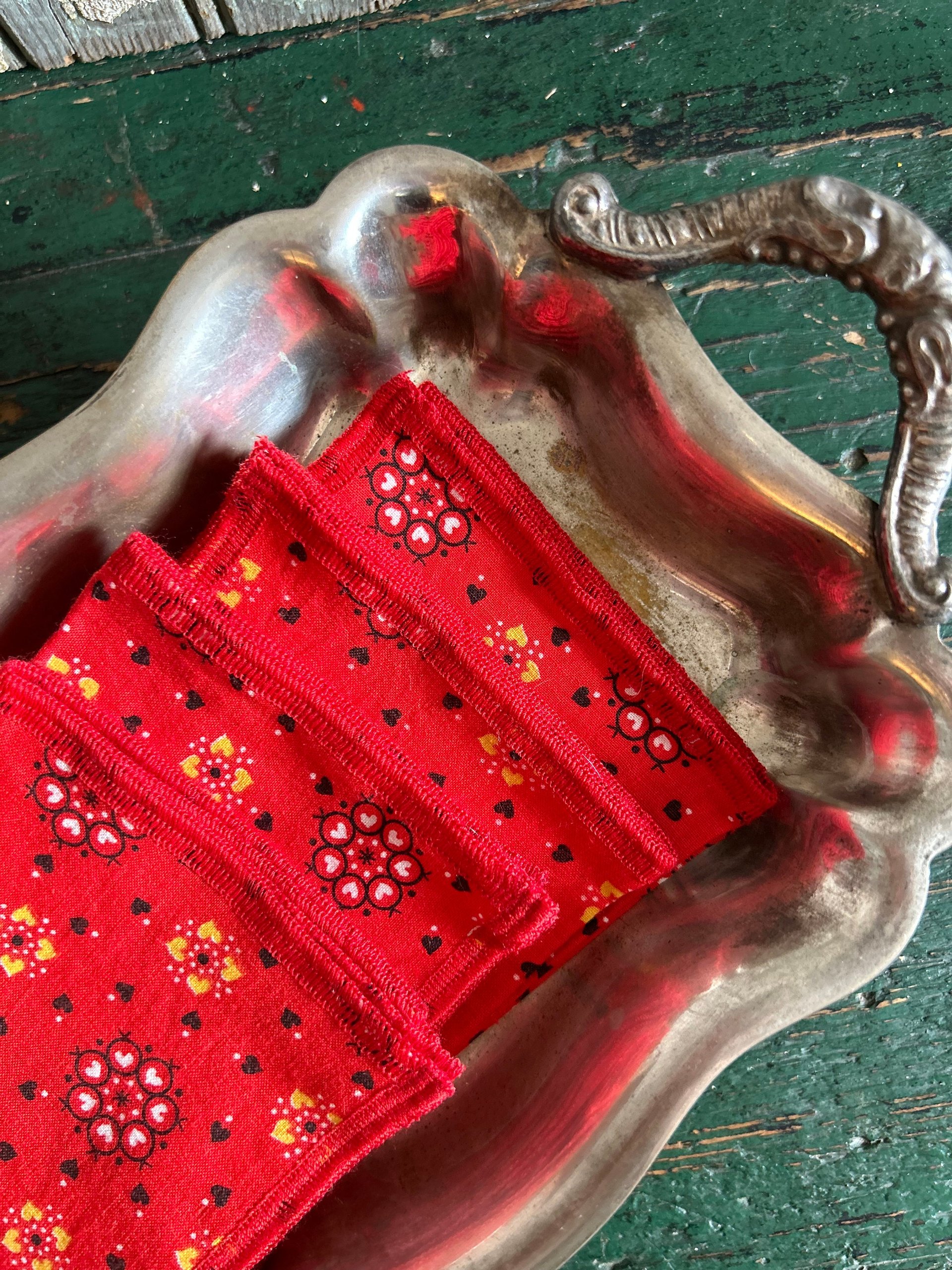 Handmade Fabric Luncheon Napkins - Western Style, Bold Red, Calico Print - Set of 4