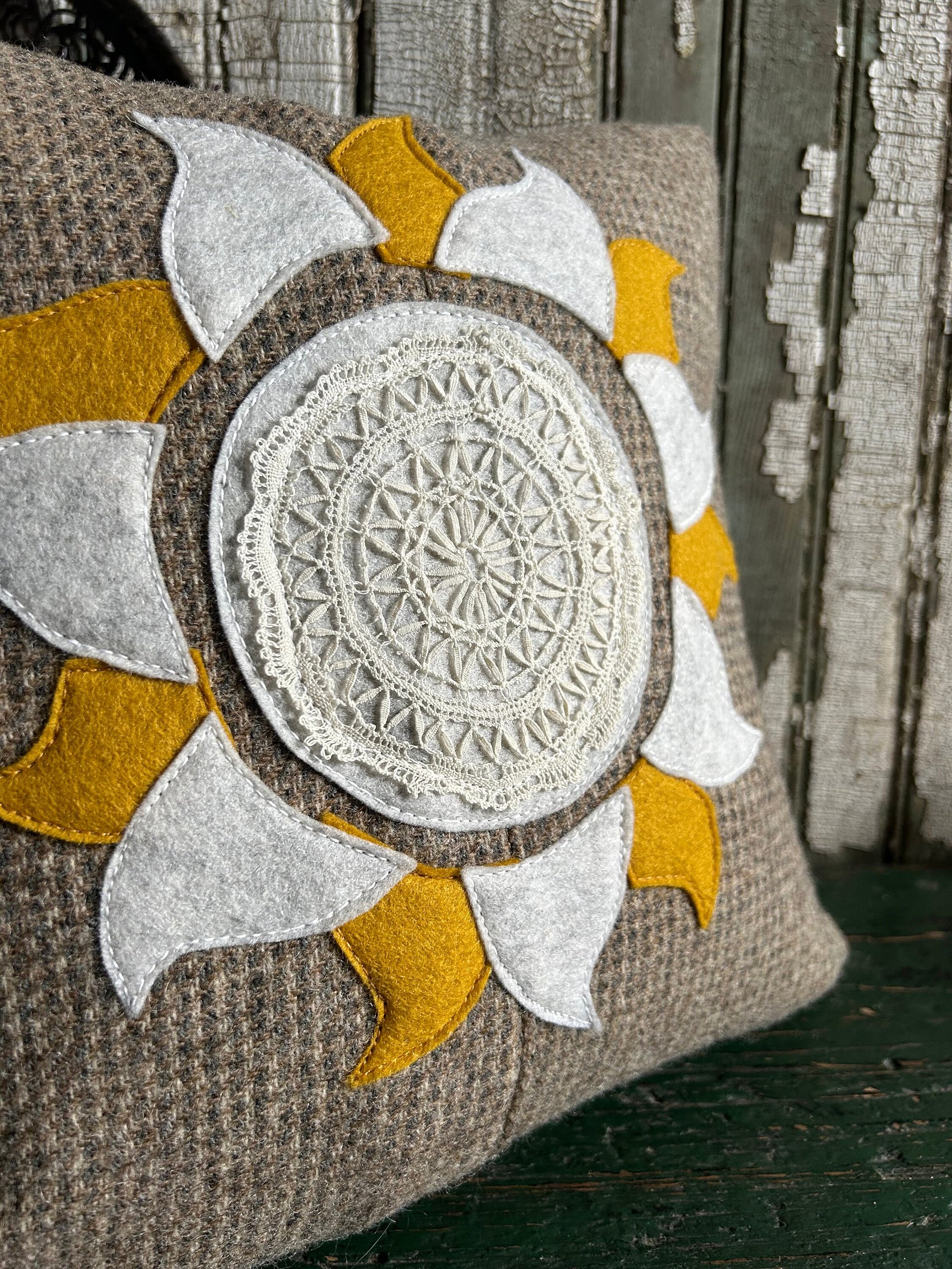 Sunshine Medallion Boho Wool Tweed PILLOW, Recycled, Vintage Lace Eco-Friendly Décor