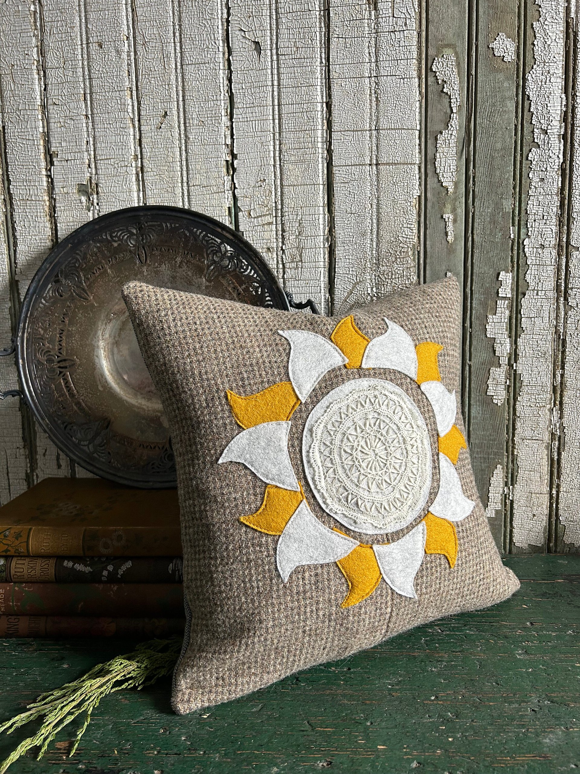 Sunshine Medallion Boho Wool Tweed PILLOW, Recycled, Vintage Lace Eco-Friendly Décor