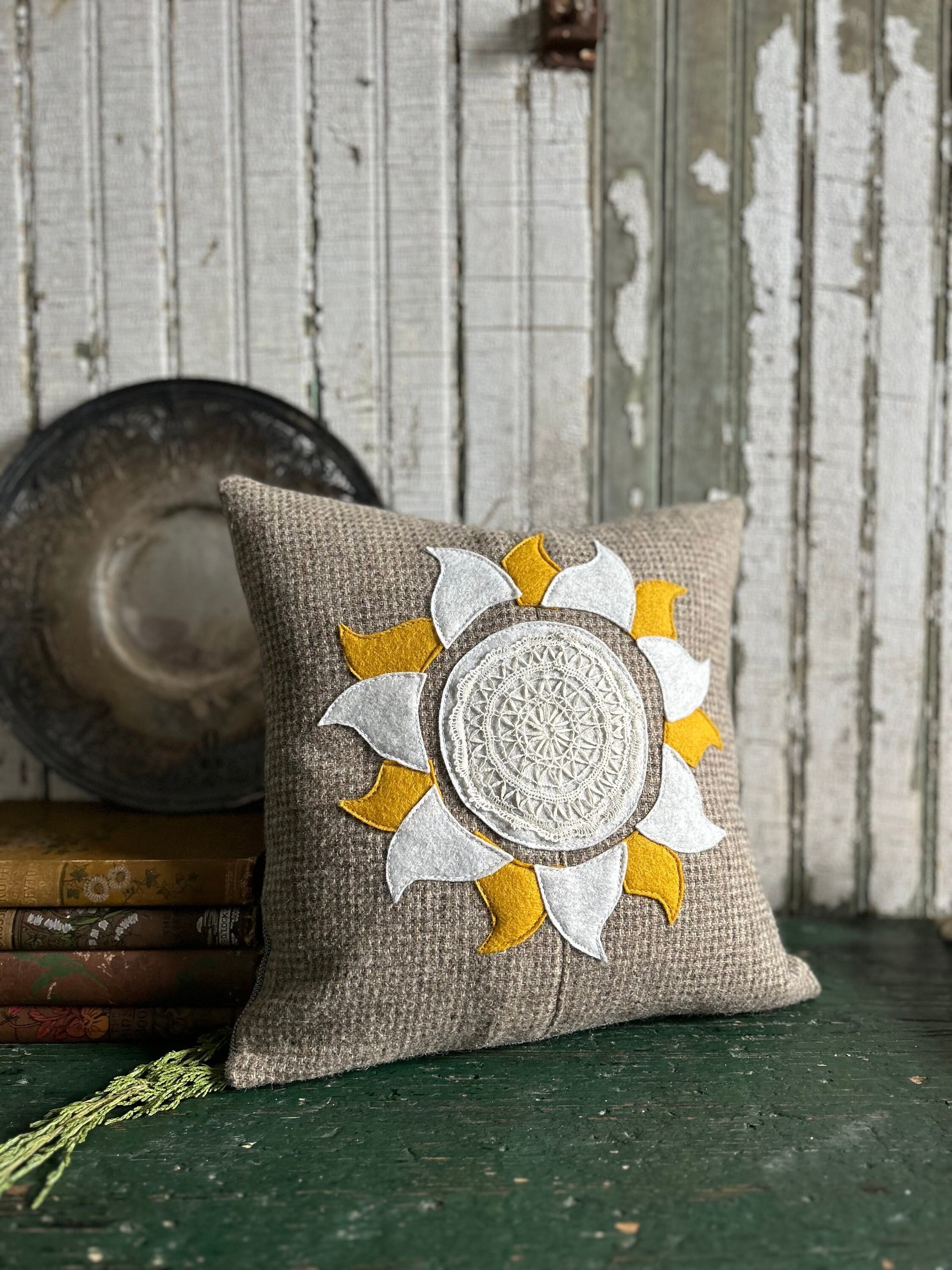 Sunshine Medallion Boho Wool Tweed PILLOW, Recycled, Vintage Lace Eco-Friendly Décor