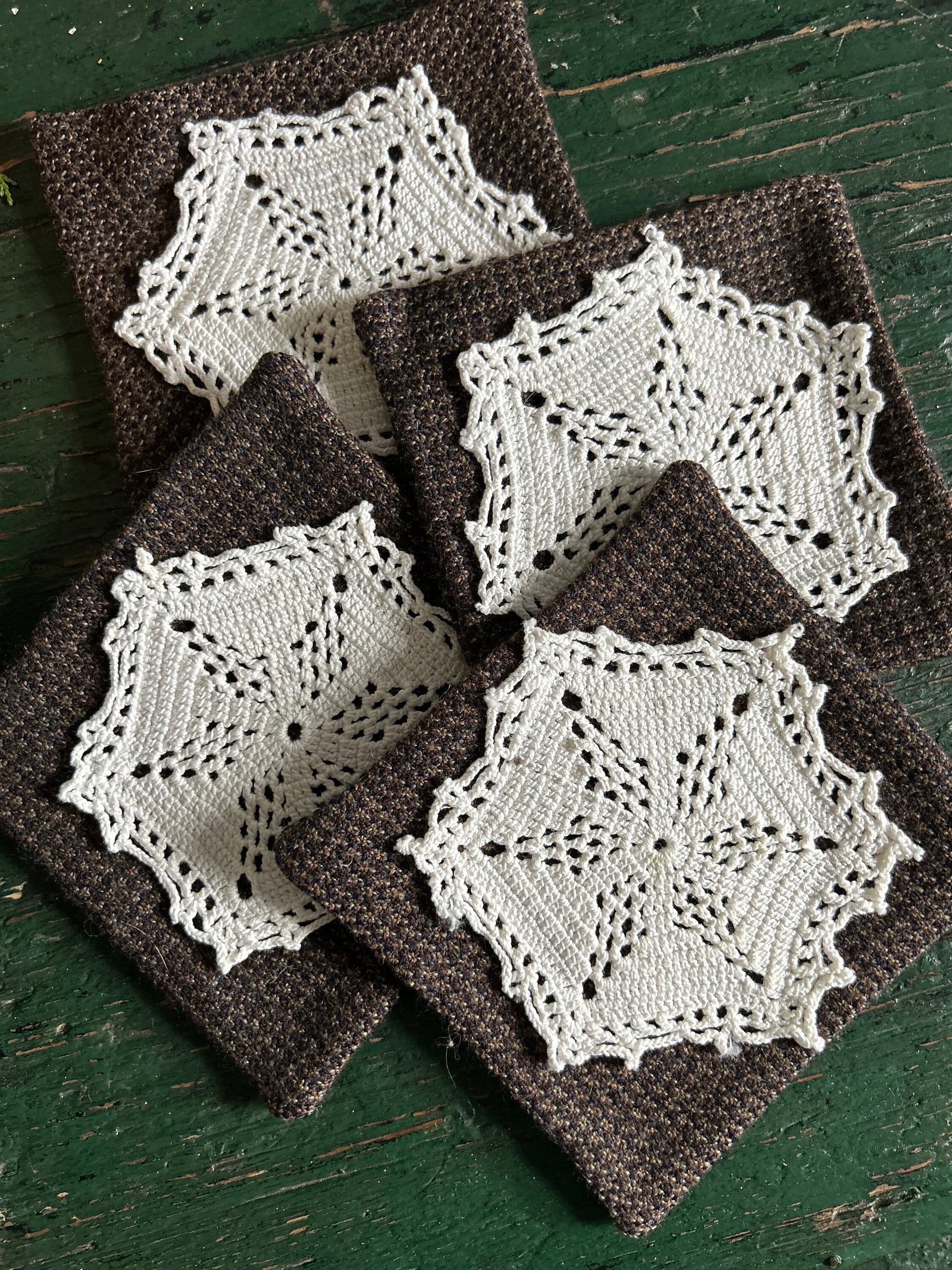Wool Tweed and Vintage Lace Coasters - Set of 4