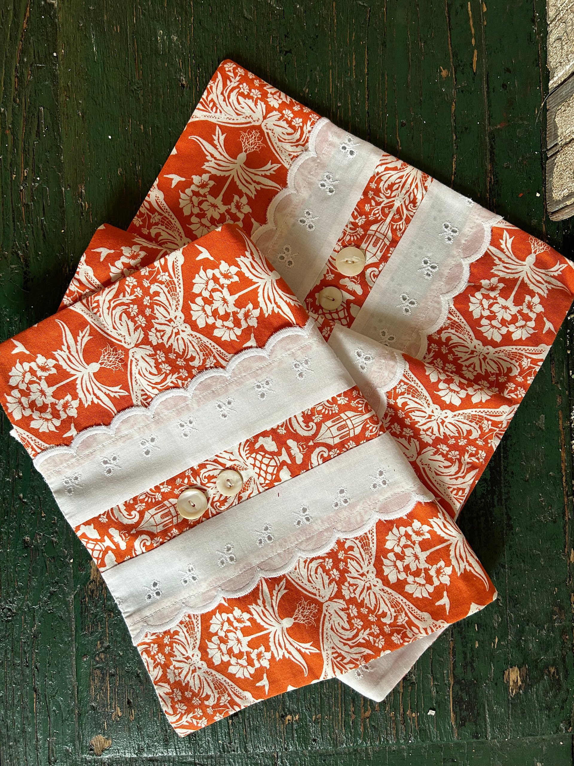 Handmade Dresser Scarf, Table Runner, Orange Botanical Style Floral w Eyelet Lace