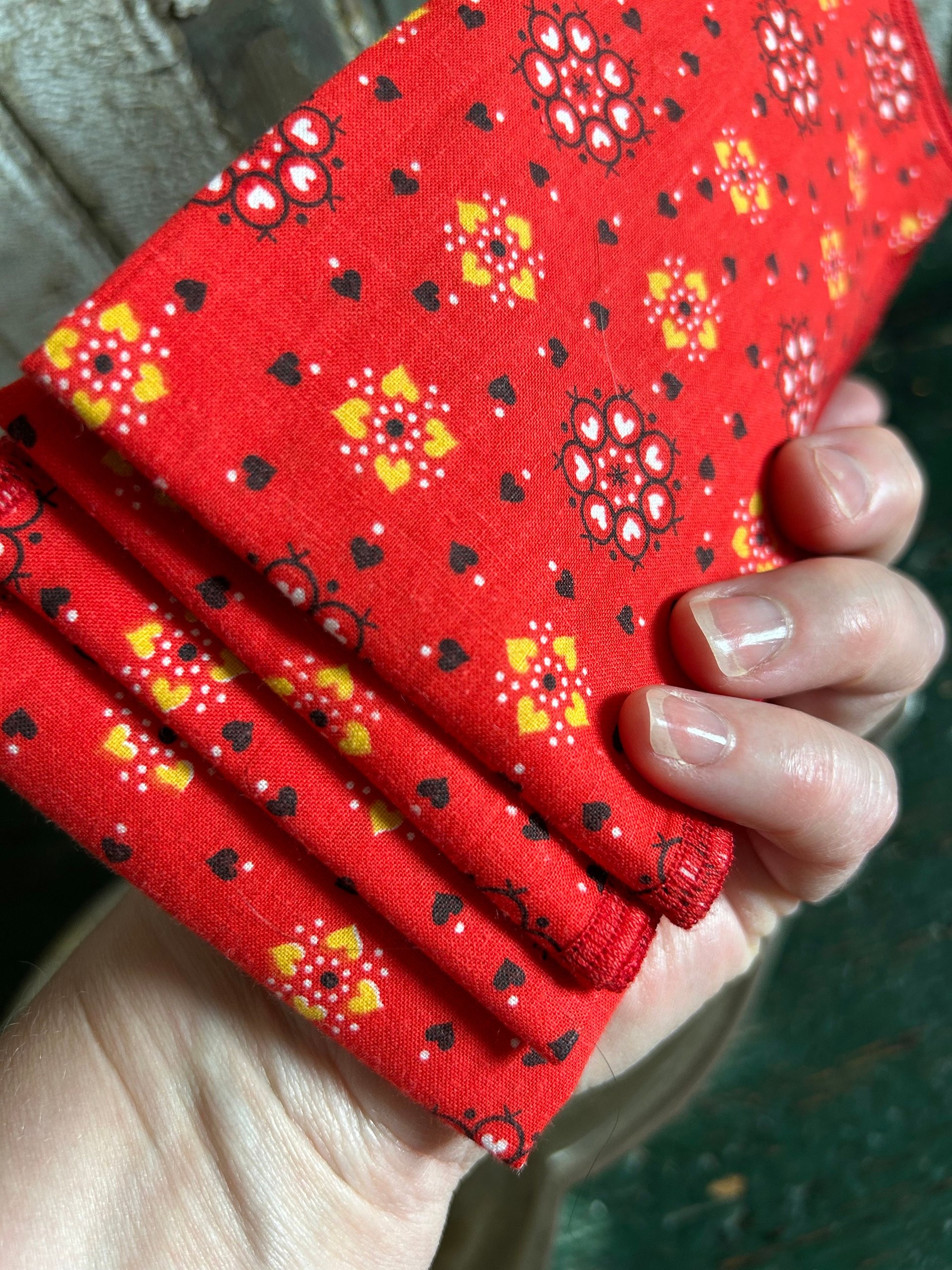 Handmade Fabric Luncheon Napkins - Western Style, Bold Red, Calico Print - Set of 4