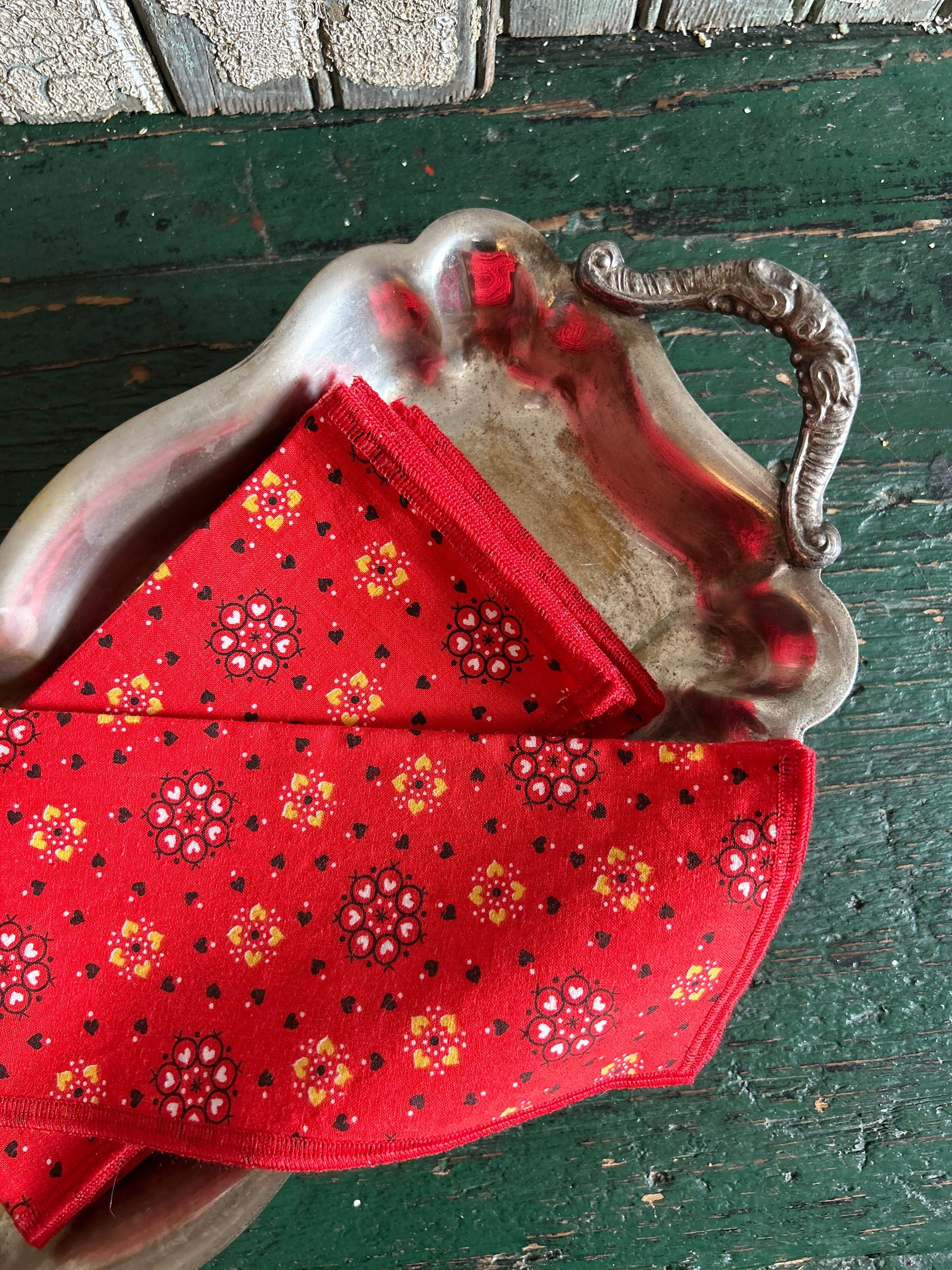 Handmade Fabric Luncheon Napkins - Western Style, Bold Red, Calico Print - Set of 4