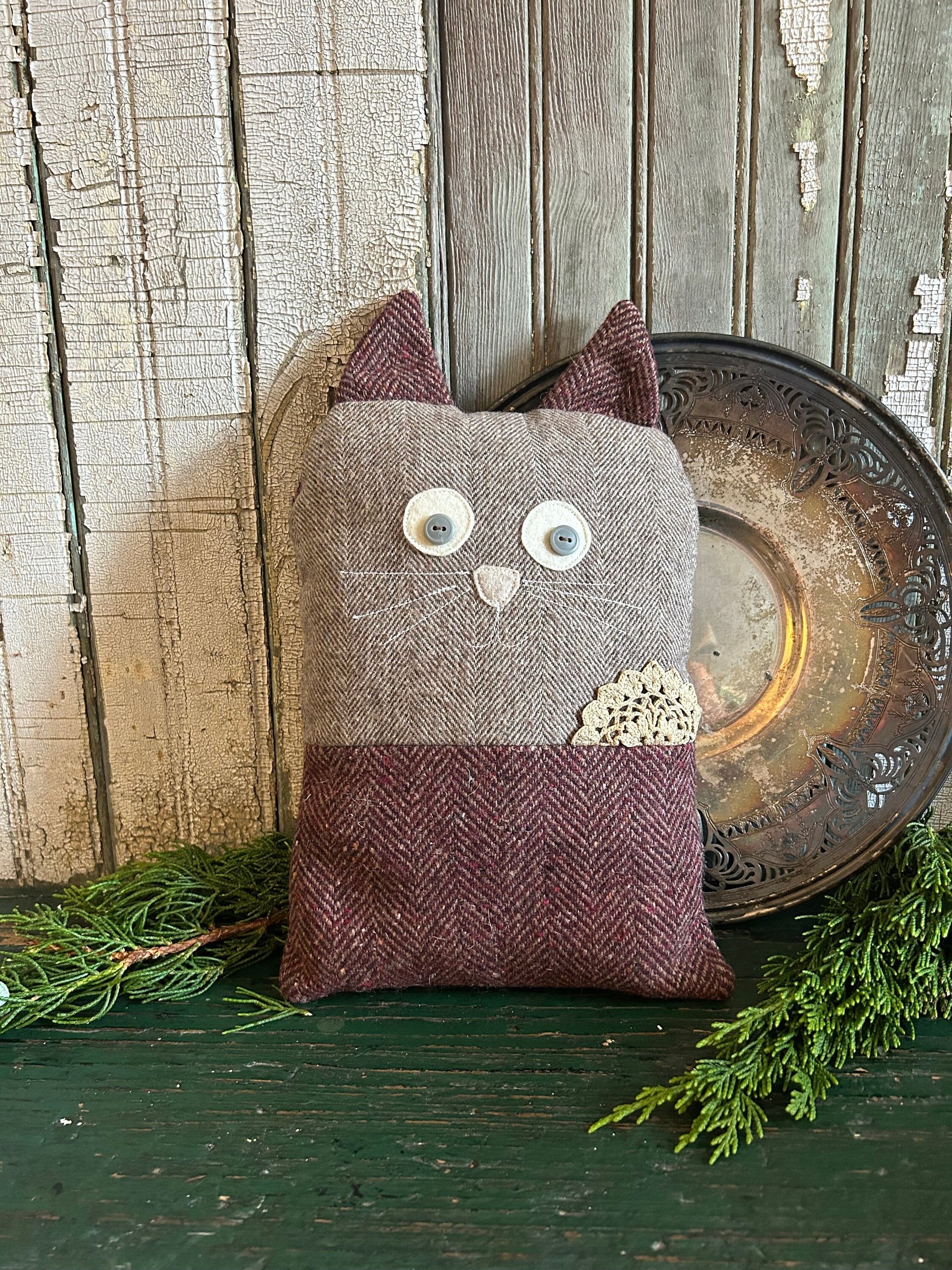 Tooth Fairy Pillow, Kitty Cat, Recycled Wool Tweed