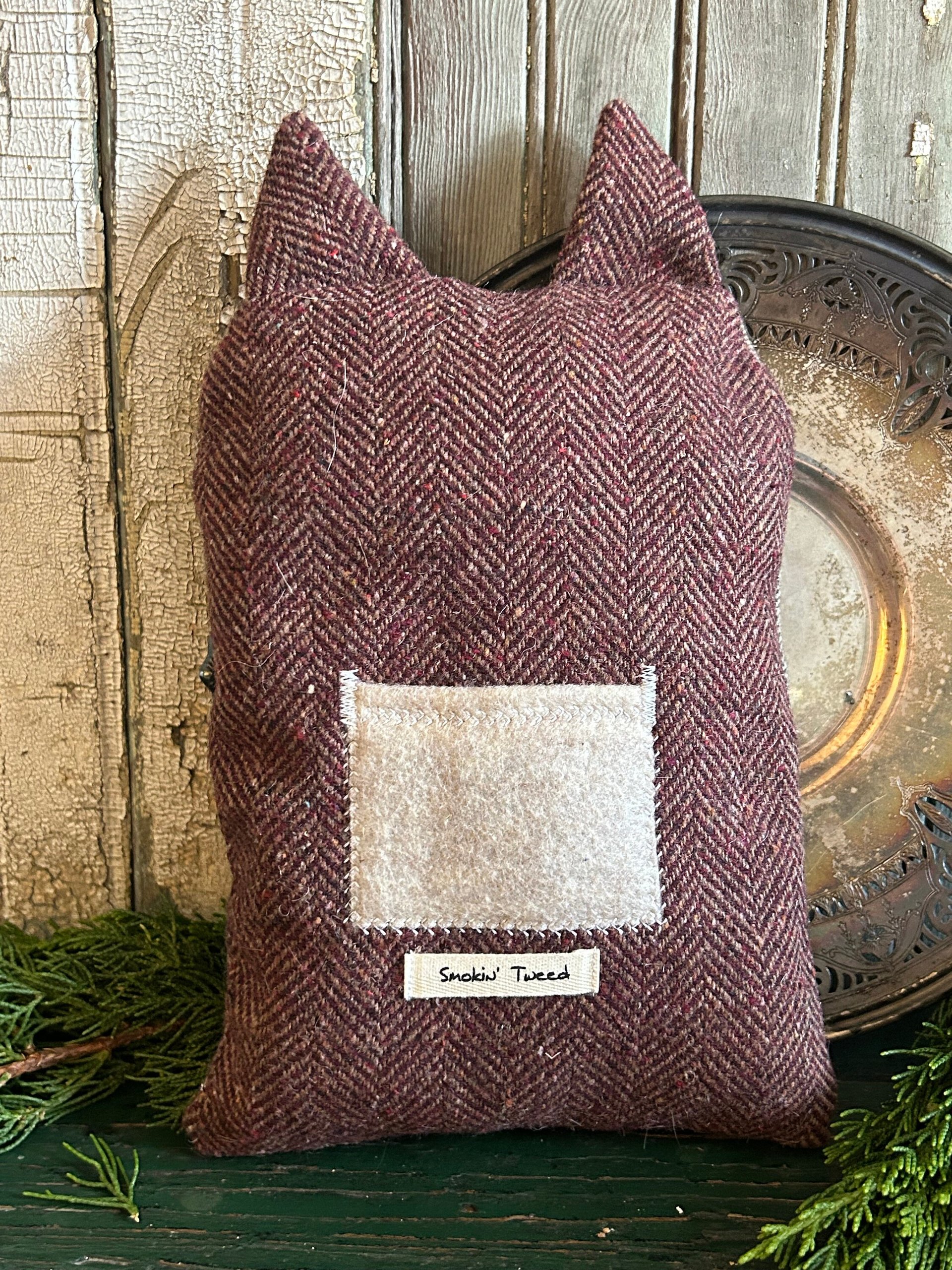 Tooth Fairy Pillow, Kitty Cat, Recycled Wool Tweed