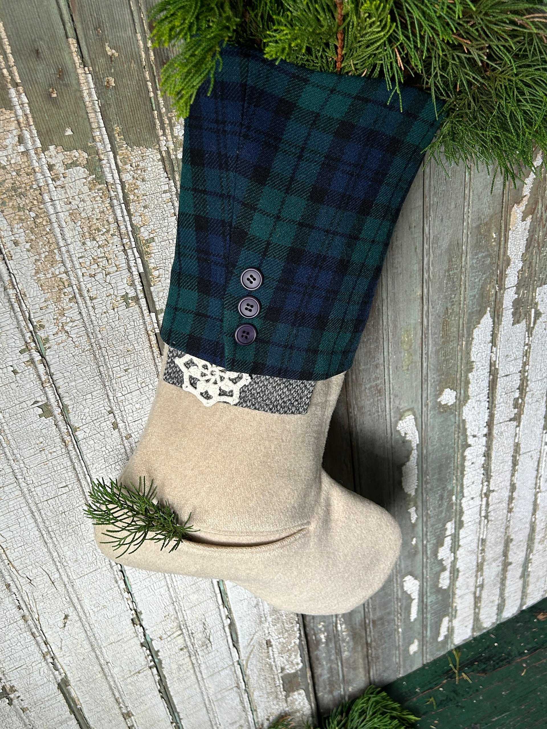 Green Tartan Christmas Stocking with Pocket, Vintage Fabrics