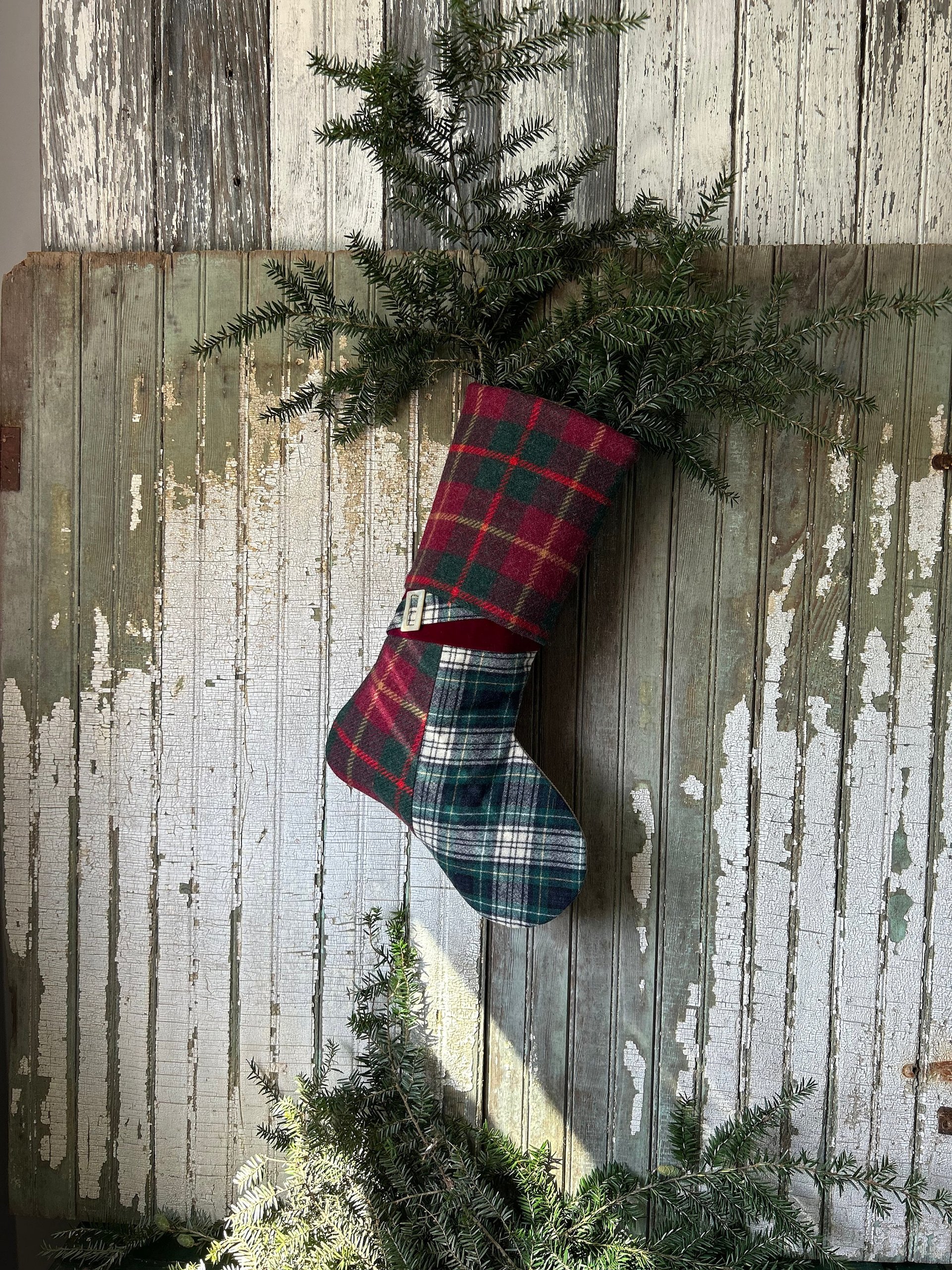 Pink Tweed CHRISTMAS STOCKING, Mother Of Pearl Buckle - No 5, Eco-Friendly, Recycled