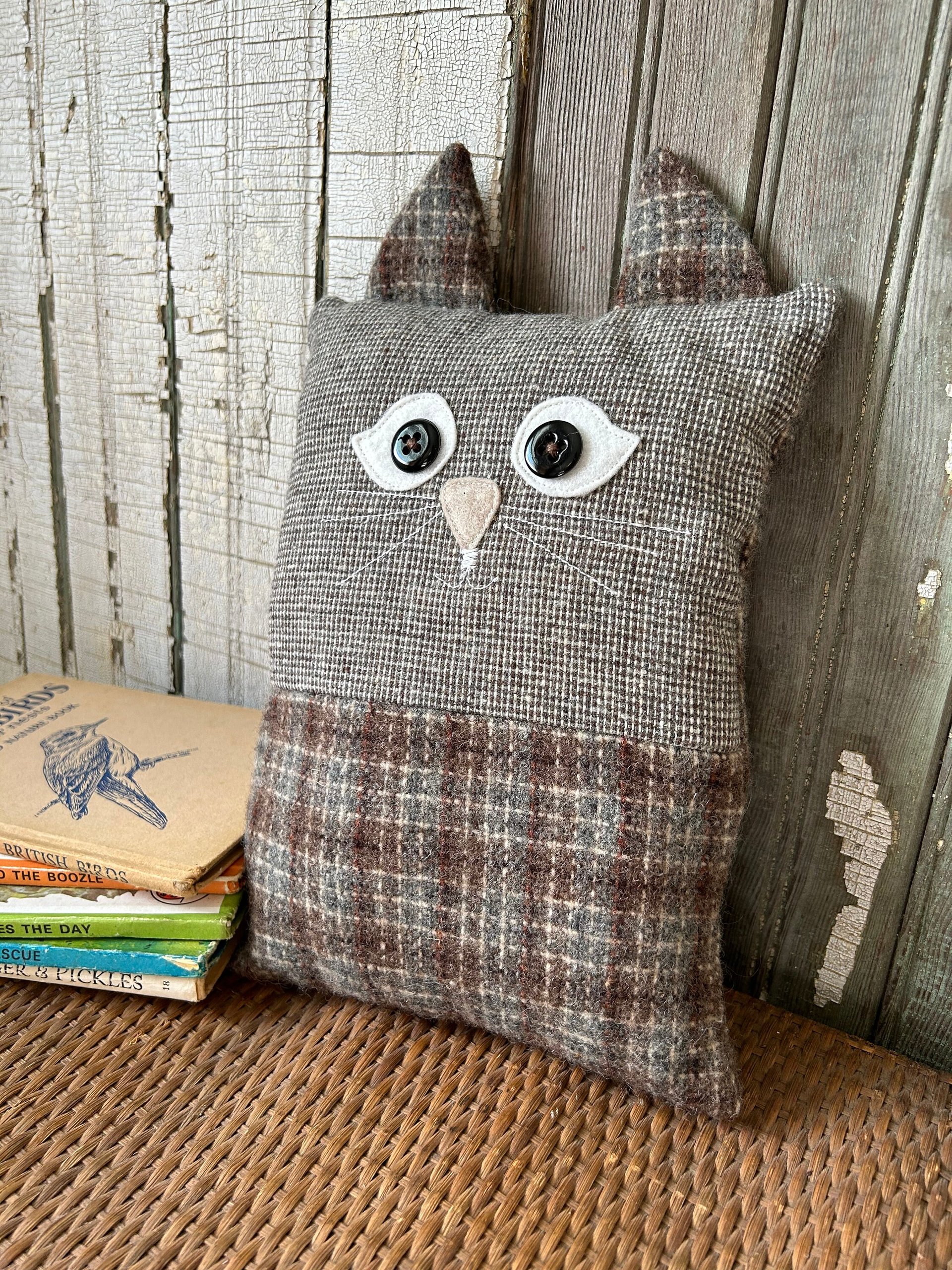 Tooth Fairy Pillow, Kitty Cat, Recycled Wool Tweed