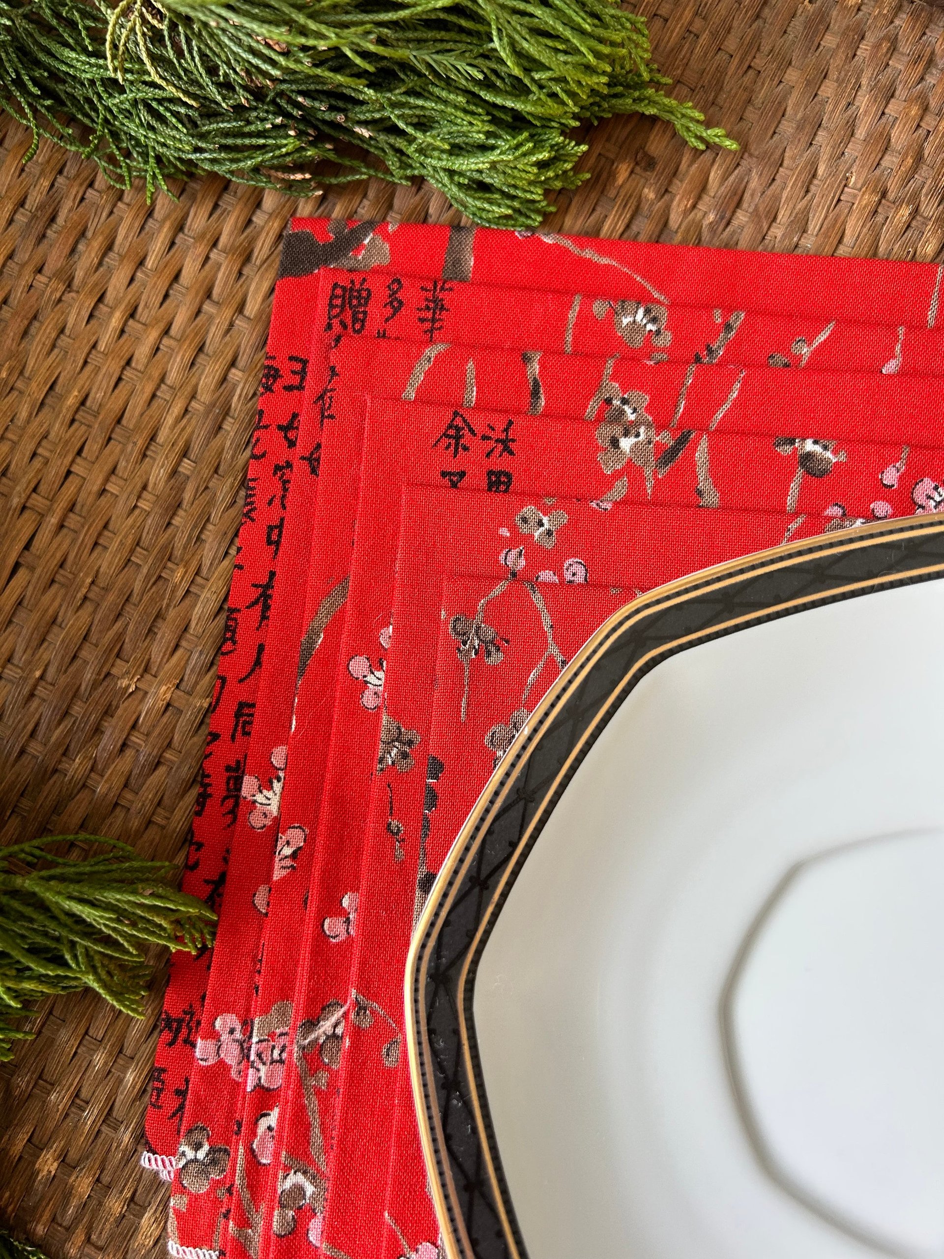 Red Asian Print Fabric Napkins, Set of 6