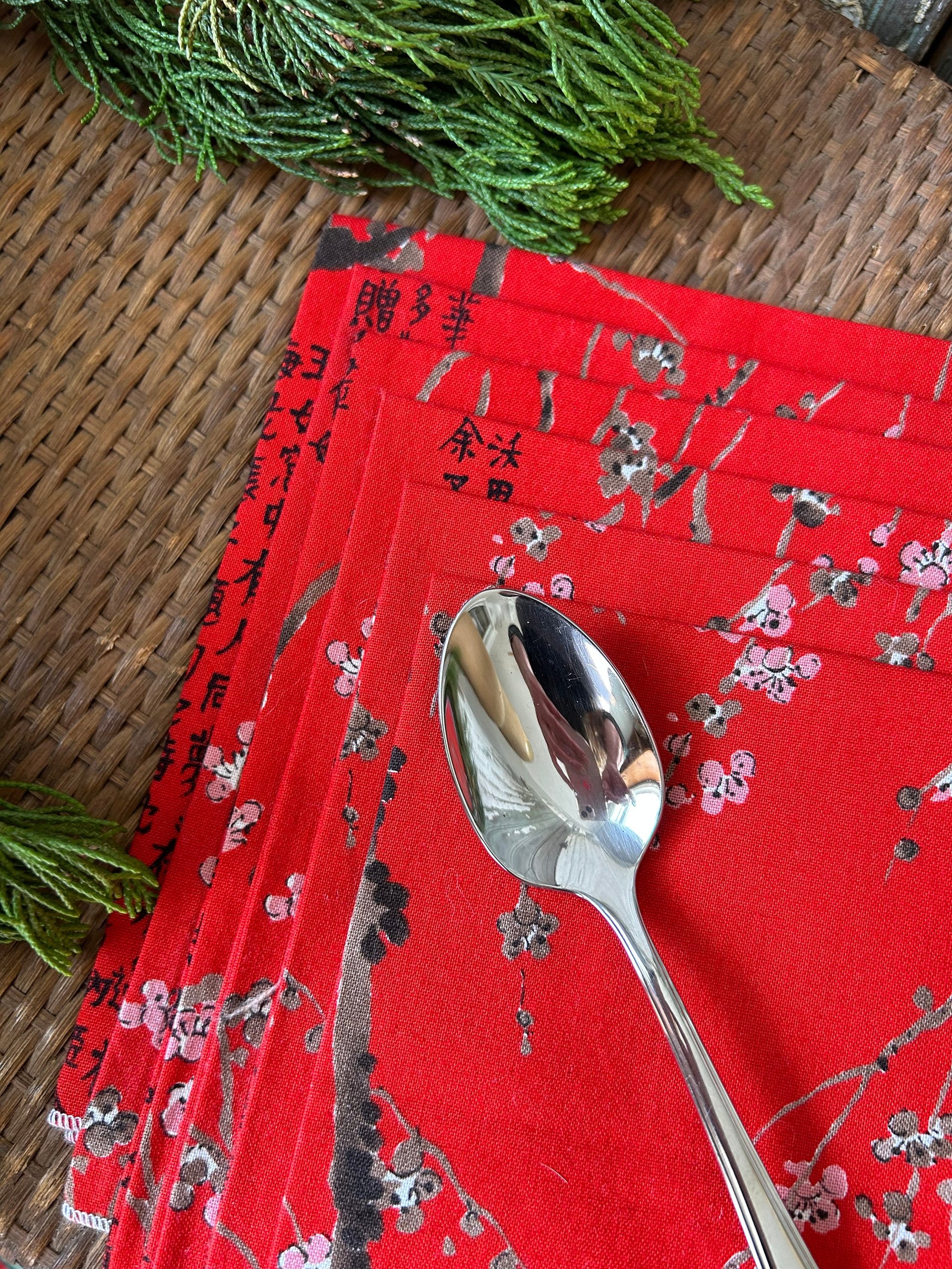 Red Asian Print Fabric Napkins, Set of 6