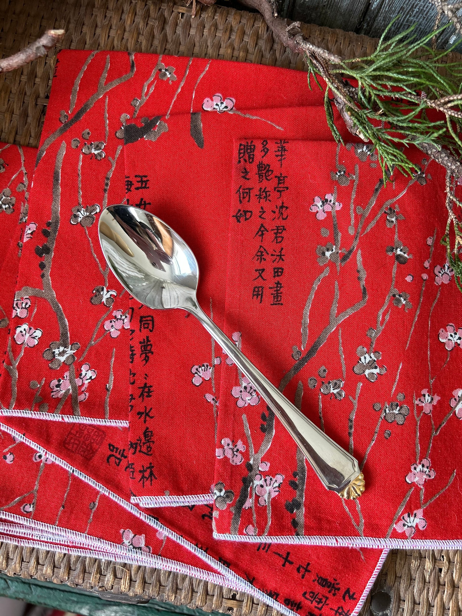 Red Asian Print Fabric Napkins, Set of 6