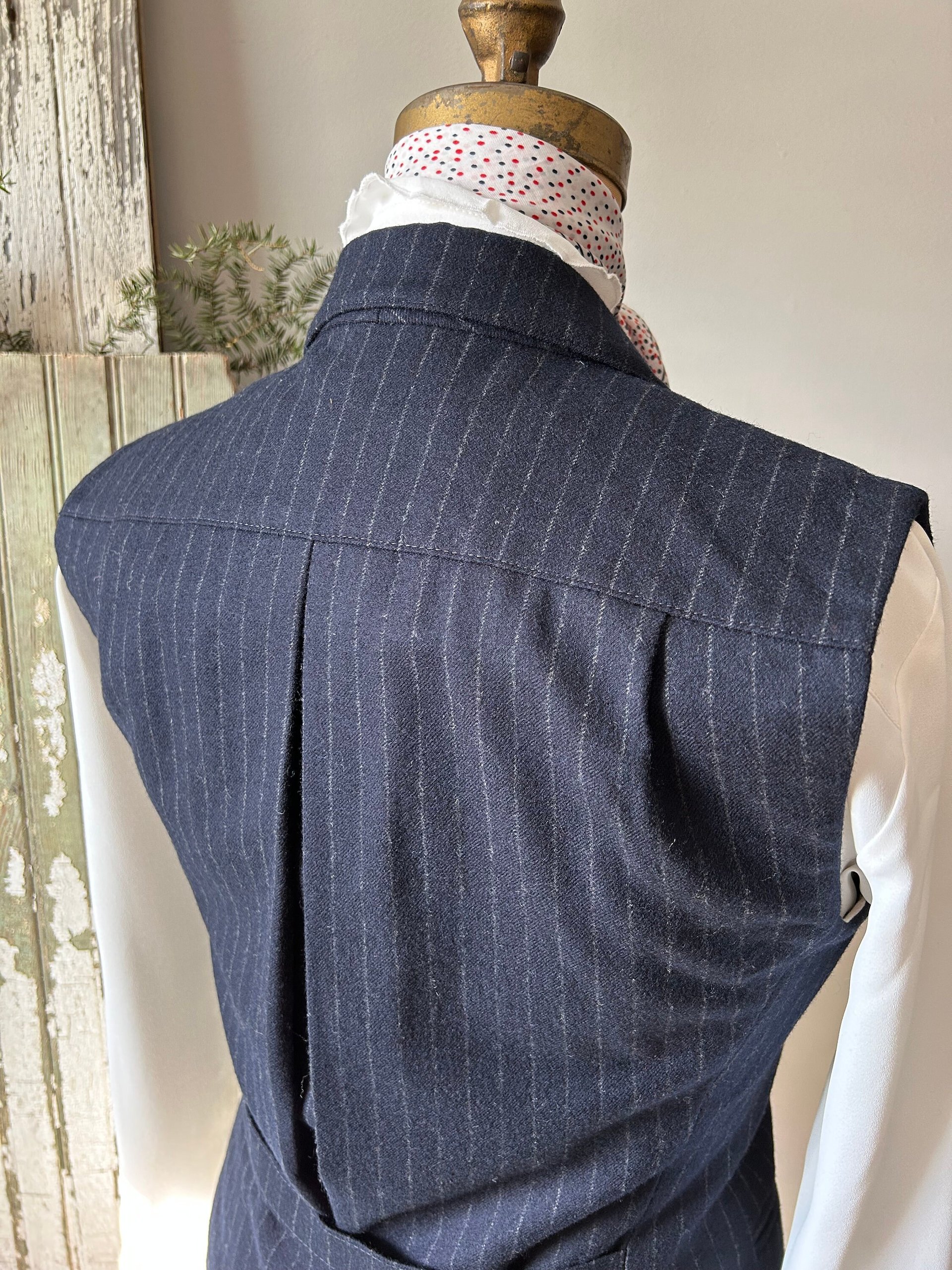 Wool Pinstriped Belted Vest, Navy Blue, Sz S/M, Eco Friendly Clothing