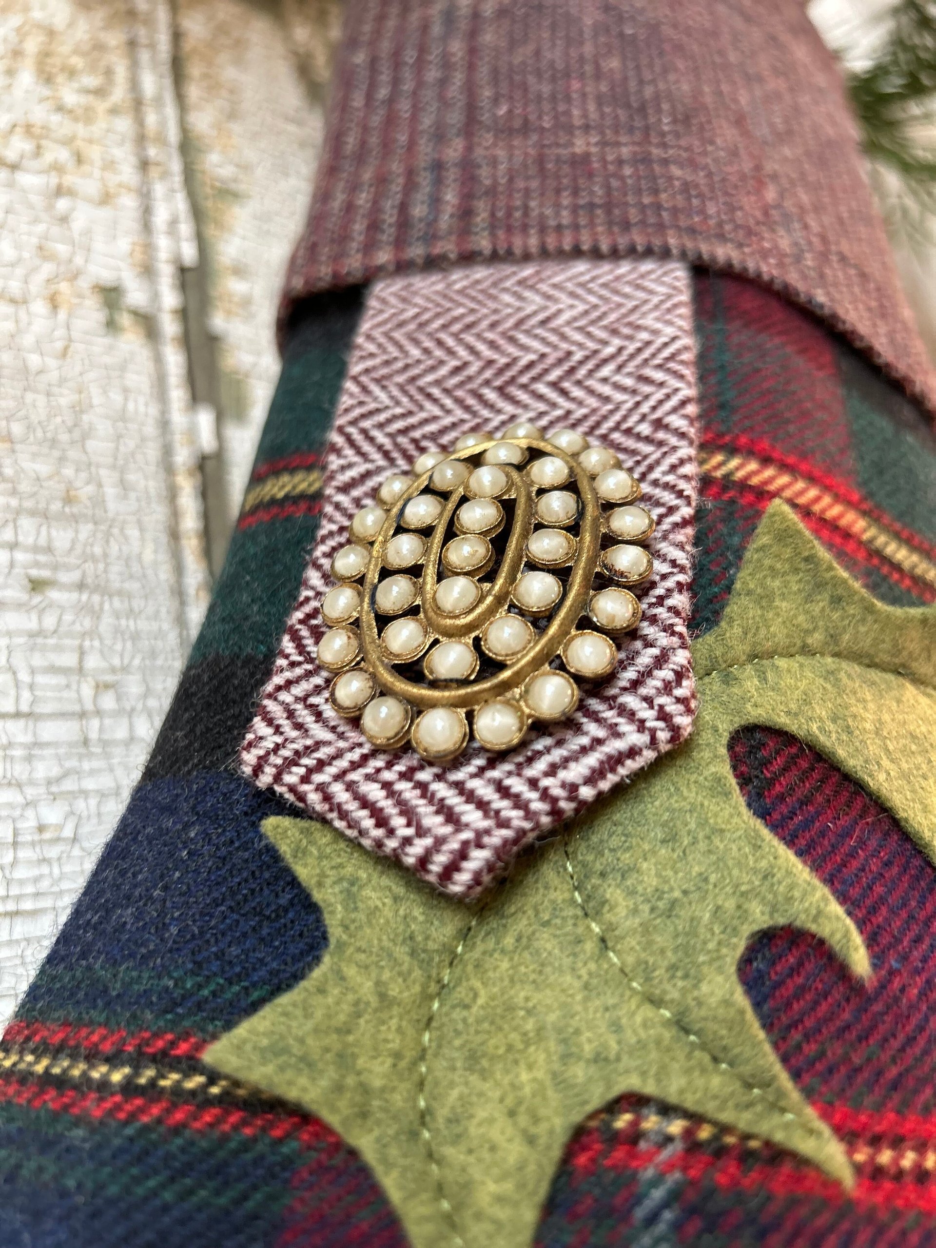 Purple Plaid, Tweed Christmas Stocking, Holly Leaves