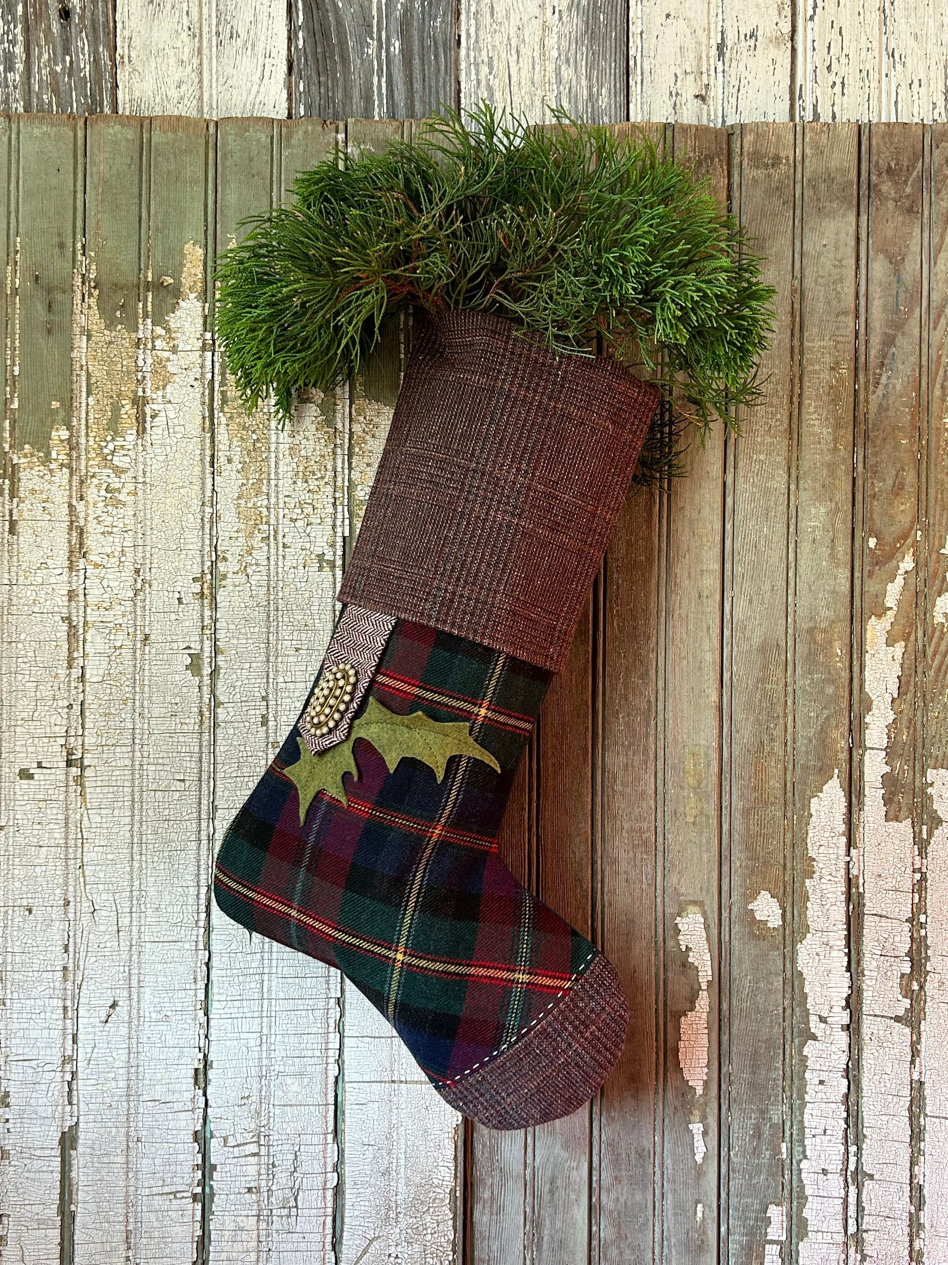 Purple Plaid, Tweed Christmas Stocking, Holly Leaves