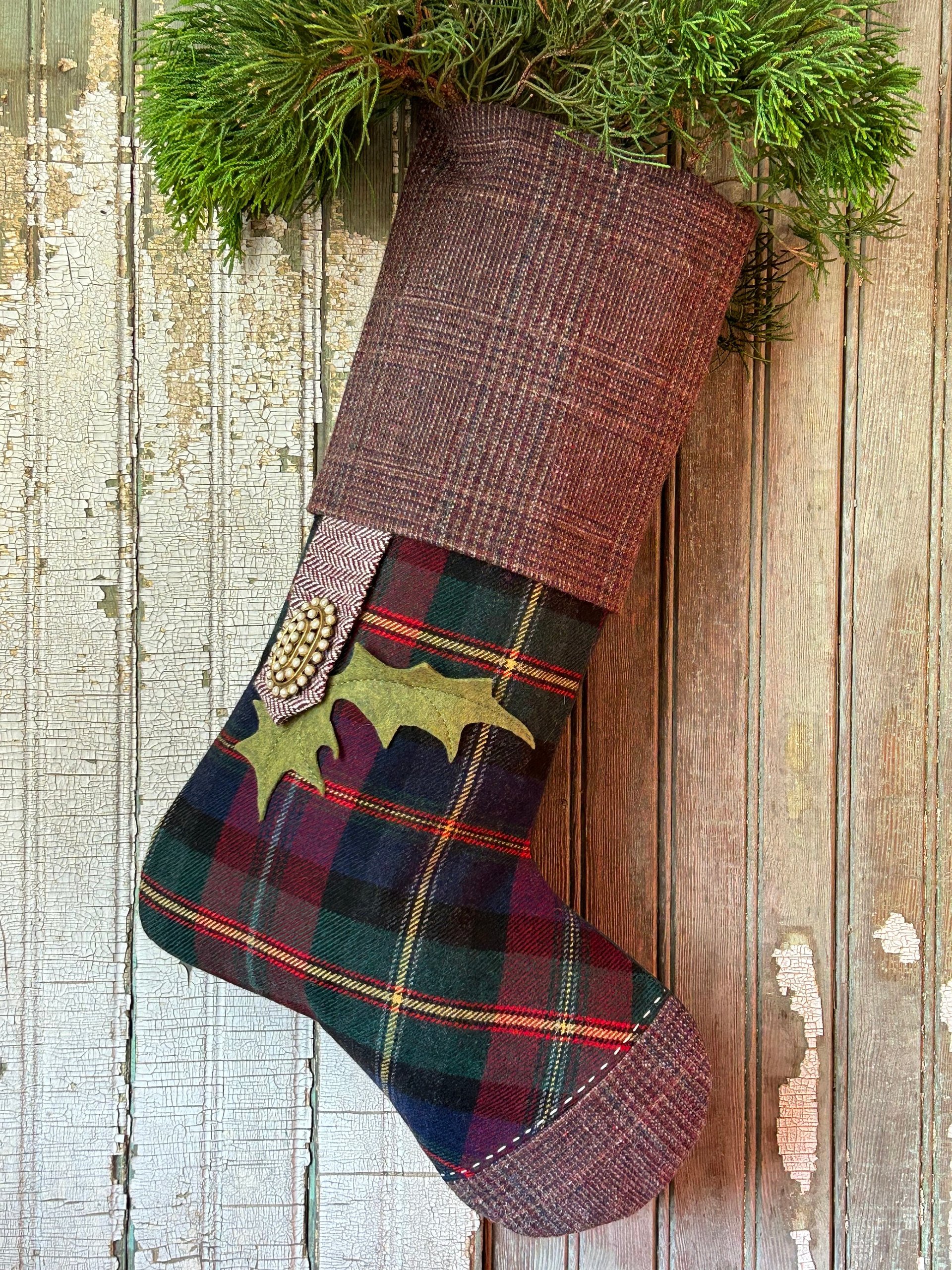 Purple Plaid, Tweed Christmas Stocking, Holly Leaves