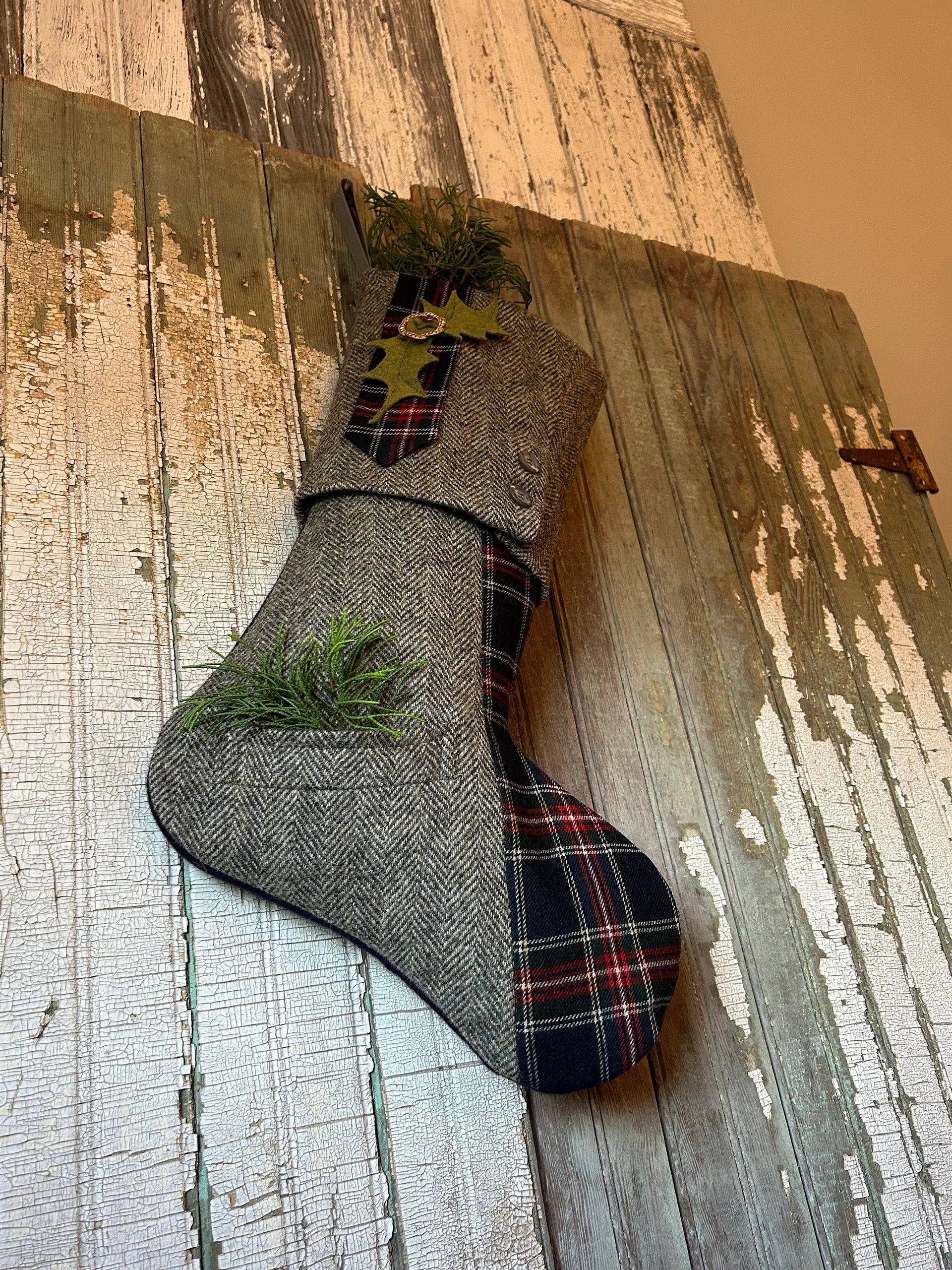 Gray Tweed, Tartan Christmas Stocking, Recycled, Eco Friendly