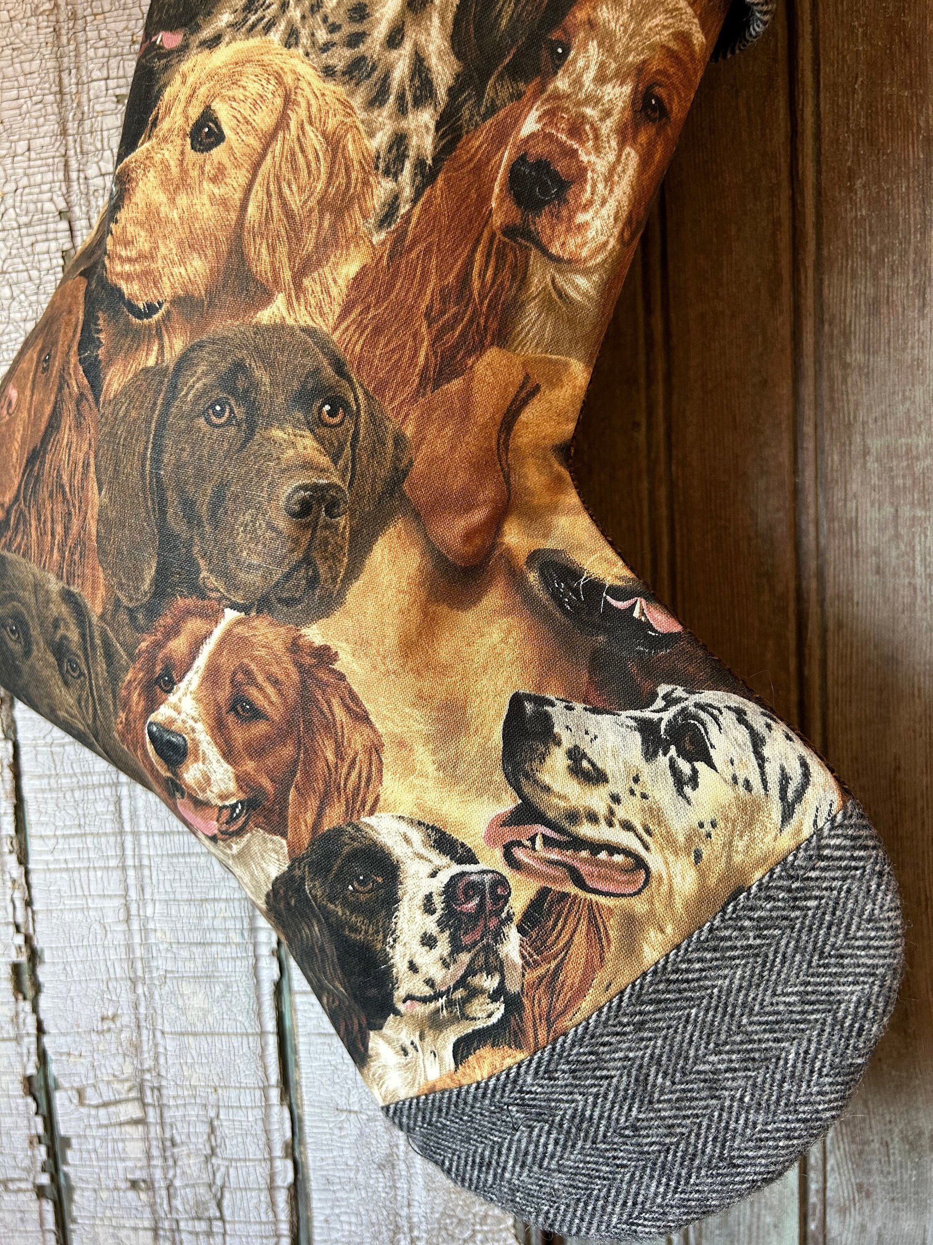 Hunting Dogs Christmas Stocking, Recycled Tweed